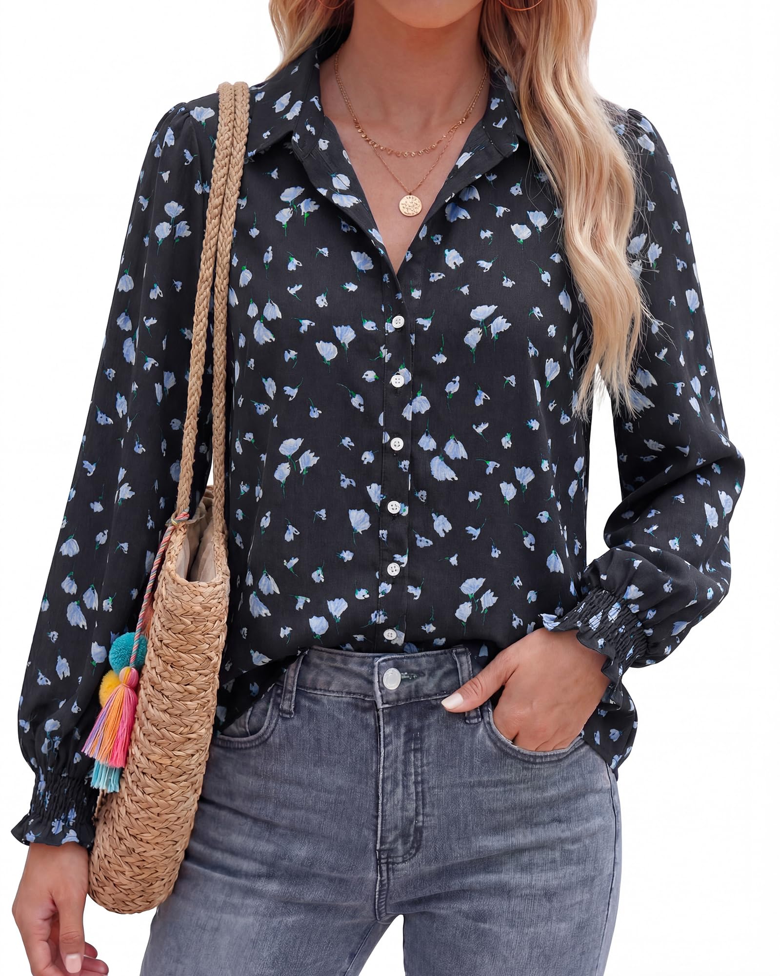 BTFBM Long Sleeve Blouses for Women, Floral V Neck Button Down Shirts, Smocked Cuffs, Business Casual Summer Outfits
