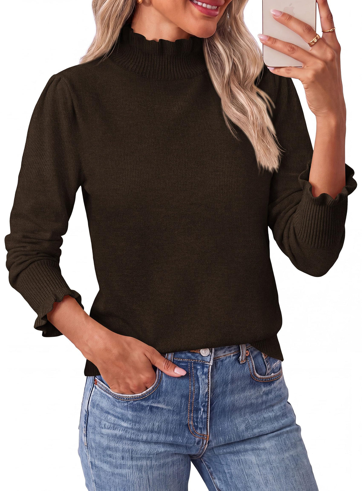 PRETTYGARDEN Women's Fall Cozy Sweaters Trendy Ruffle Mock Neck Pullover Soft Stretchy Warm, Ribbed Knit, Cute Tops, Puff Long Sleeve Blouses, Dressy Casual Shirts,Winter Clothing
