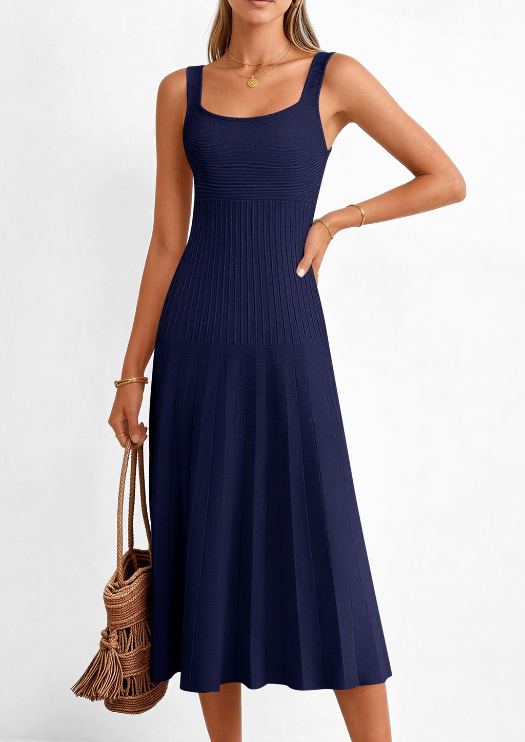 PRETTYGARDEN Spring Dresses for Women Summer Casual Sleeveless Square Neck A Line Knit Pleated Midi Cocktail Party Dress