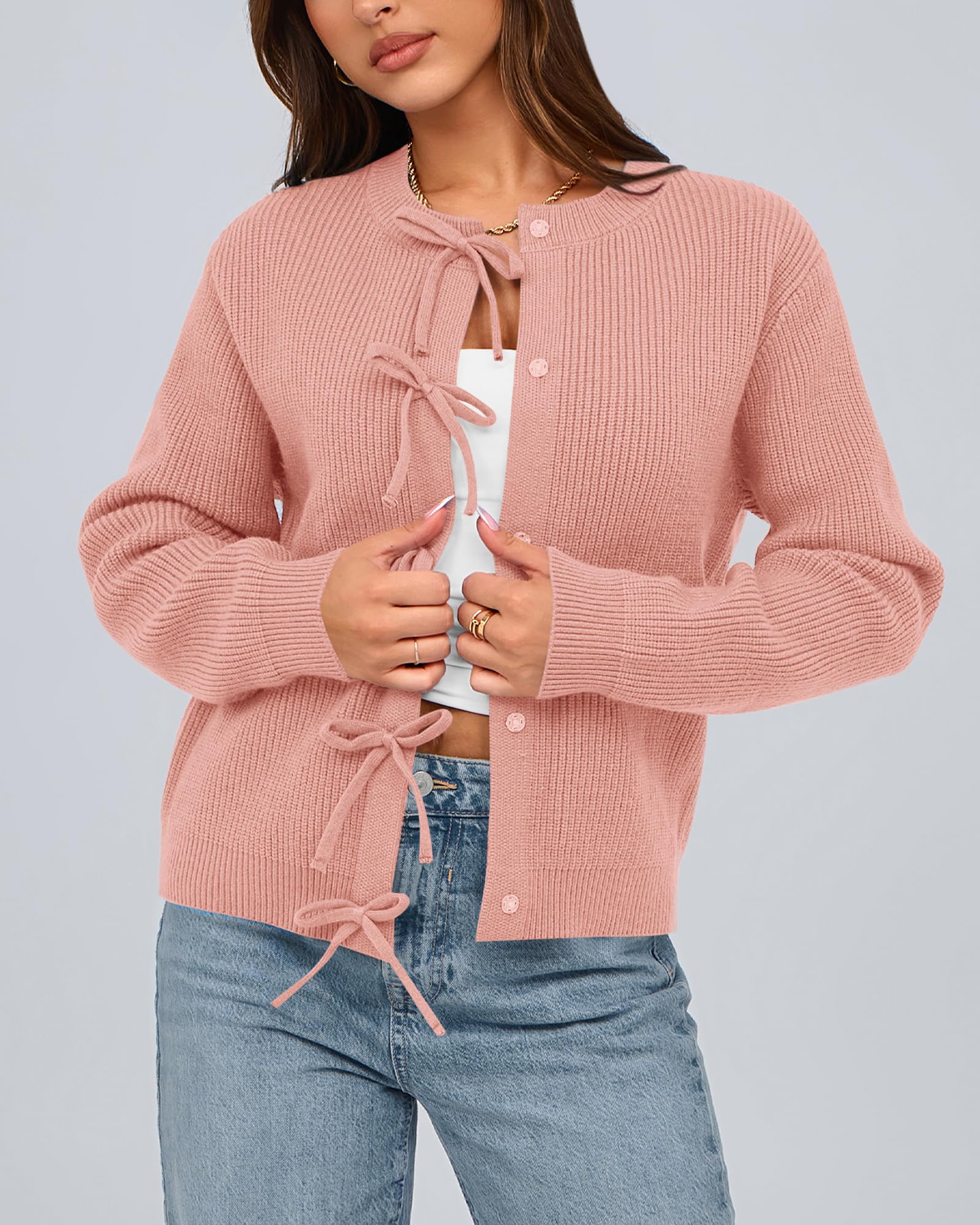 BTFBM Bow Cropped Cardigan Sweaters for Women Fall Winter Open Front Sweater Long Sleeve Button Fashion Spring Clothes