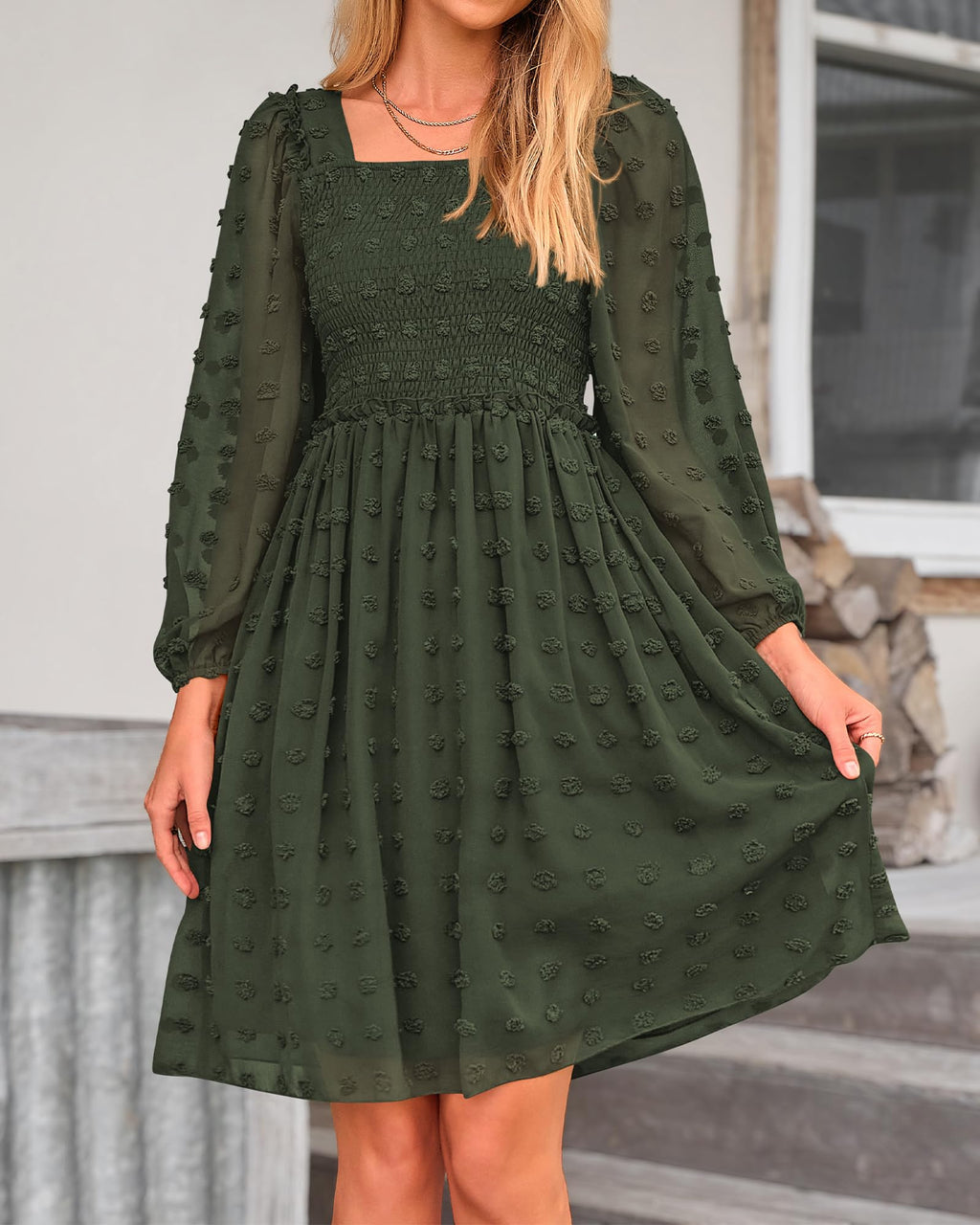 BTFBM Womens Long Sleeve Dress Summer Vacation Square Neck Smocked Floral Mini Boho Spring Wedding Guest Dresses
