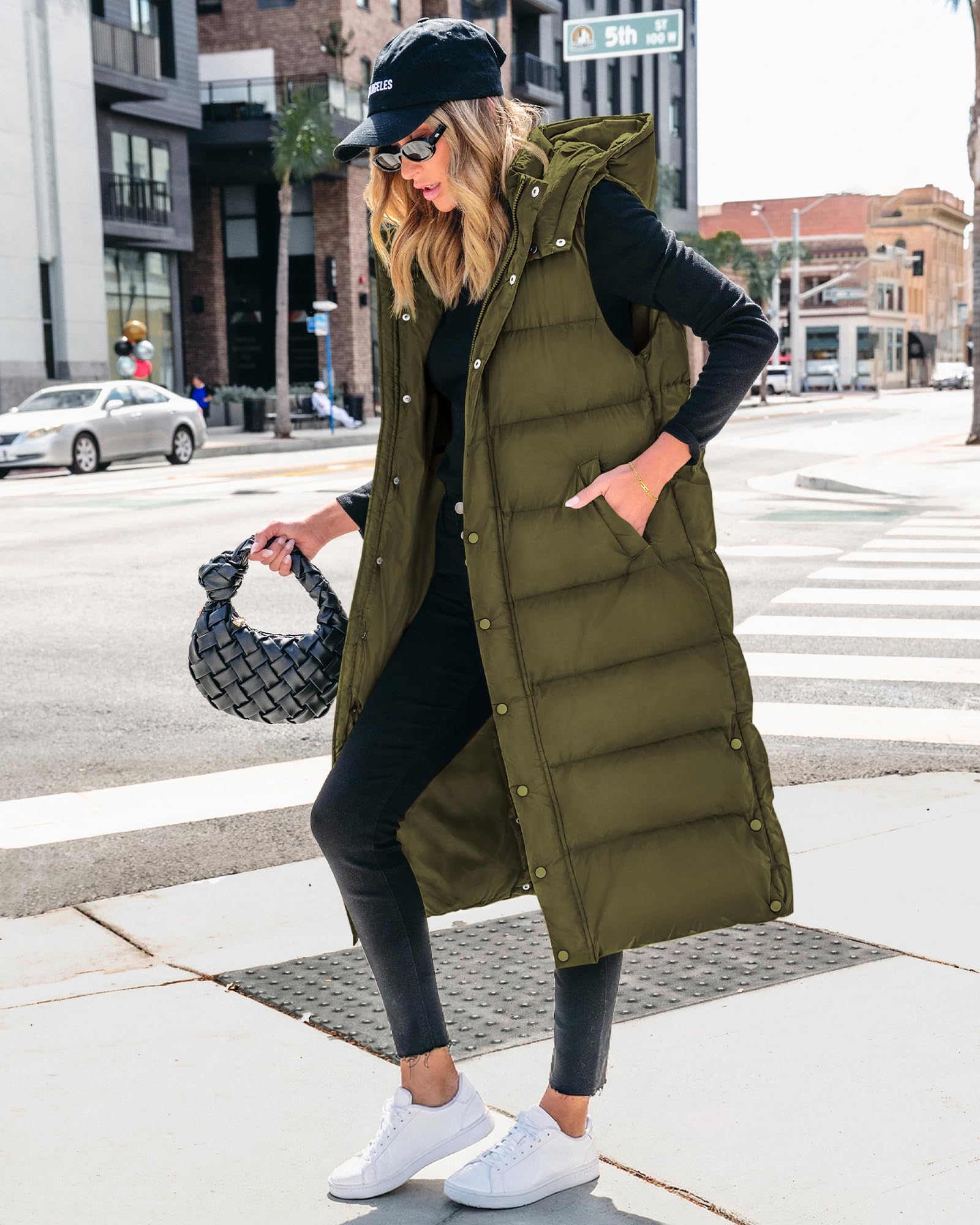 BTFBM Long Puffer Vest Women Quilted Hooded Button Down Zip Up Sleeveless Vests Outerwear Padded Jacket Fall Winter Coat