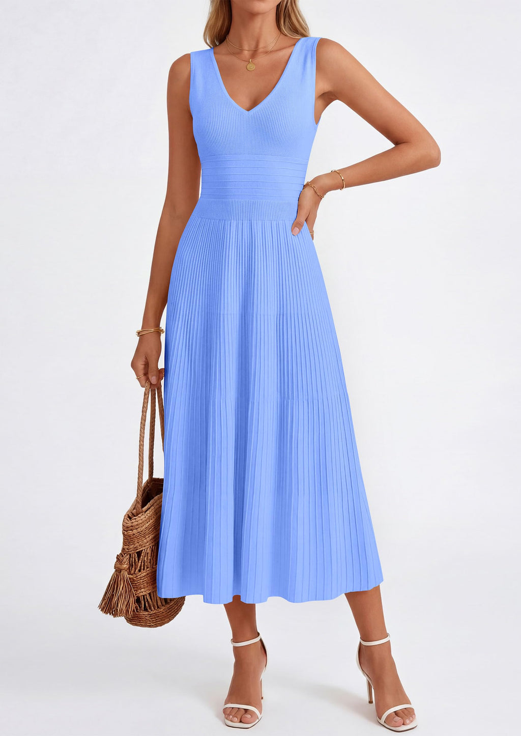 PRETTYGARDEN Women's Summer Casual Dresses Spring Sleeveless V Neck Knit Midi Business Work A Line Cocktail Dress