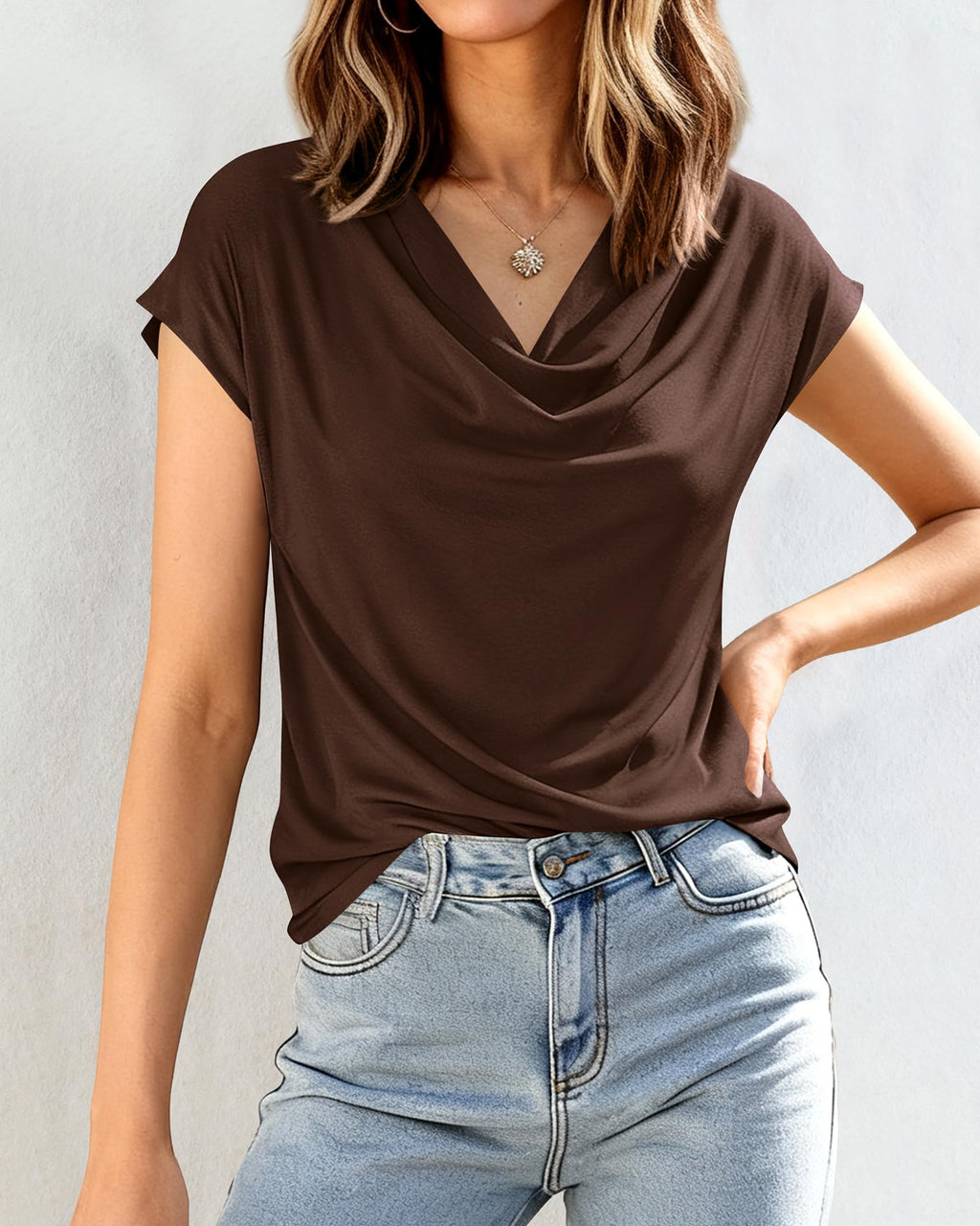 FreshPretty Blouses for Women Dressy Casual Spring Summer Tops Cowl Neck Short Sleeve Shirts Work Office Business Outfits