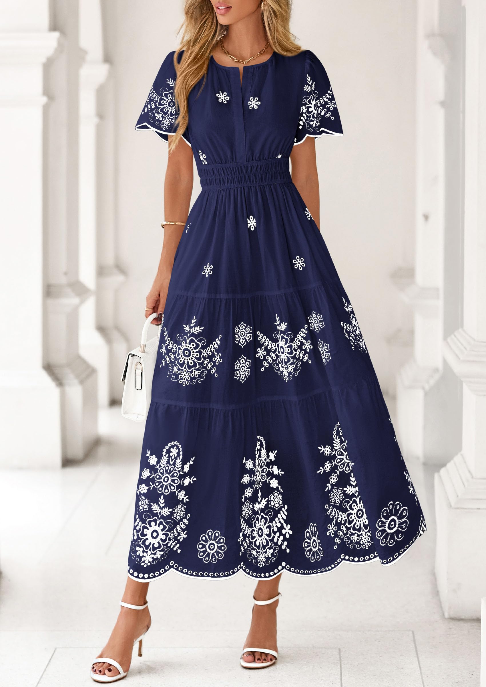 PRETTYGARDEN Boho Dresses for Women Summer Spring Casual Floral Short Sleeve V Neck Maxi Elastic Waist Dress Pockets