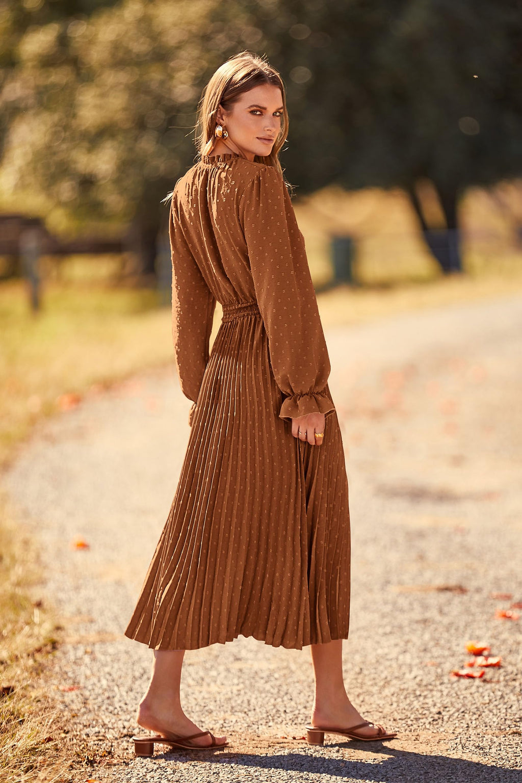 PRETTYGARDEN Women's Spring Fall Midi Dress Casual Long Sleeve V Neck Swiss Dot Pleated A Line Flowy Dresses