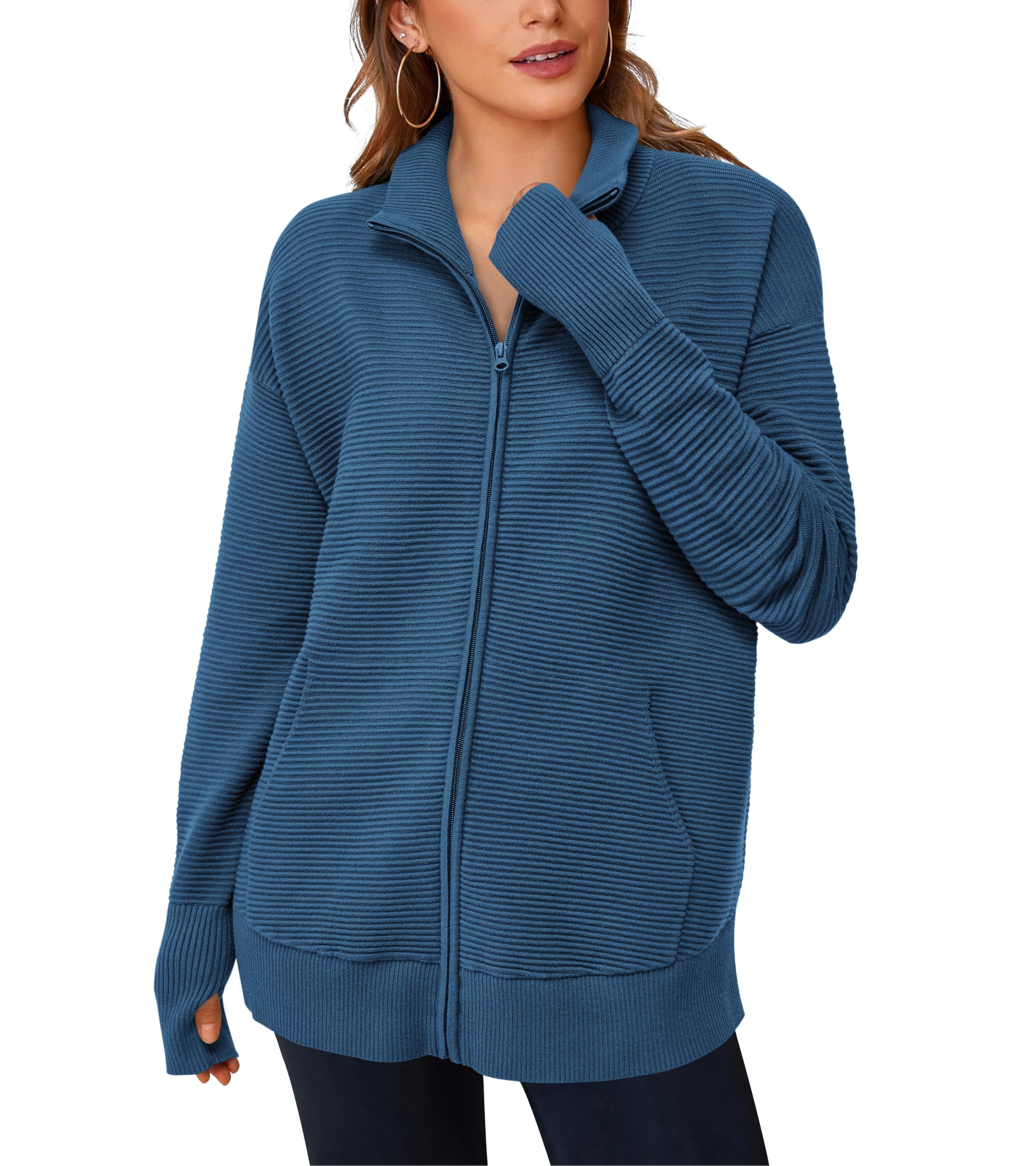 PRETTYGARDEN Womens Fall Long Sleeve Zip Up Cardigan Sweaters Casual Loose Collared Ribbed Knit Tops Jackets Thumb Hole