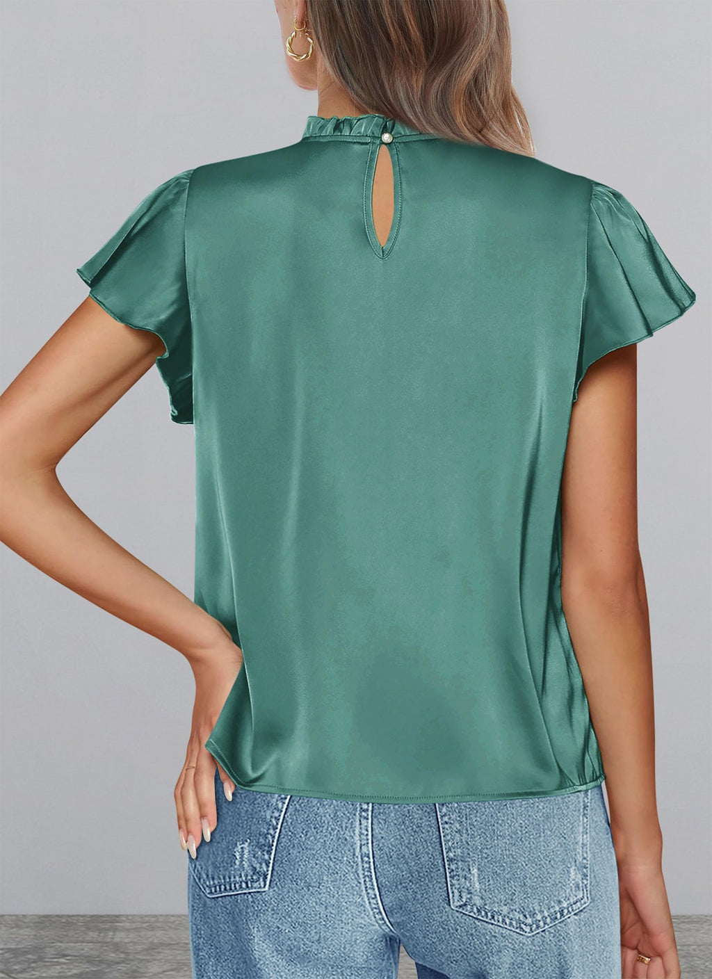 PRETTYGARDEN Business Casual Tops for Women Blouses Dressy  Summer Short Sleeve Ruffle Satin Work Office Attire