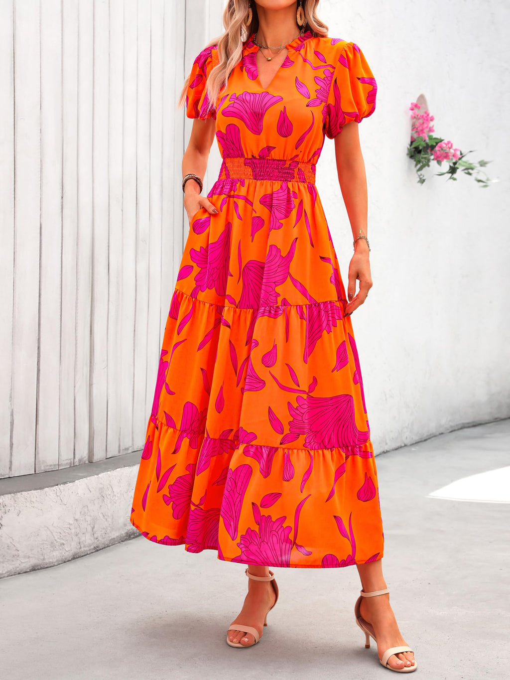 PRETTYGARDEN Summer Maxi Dresses for Women  Casual V Neck Puff Short Sleeve Smocked Flowy Beach Boho Long Floral Dress