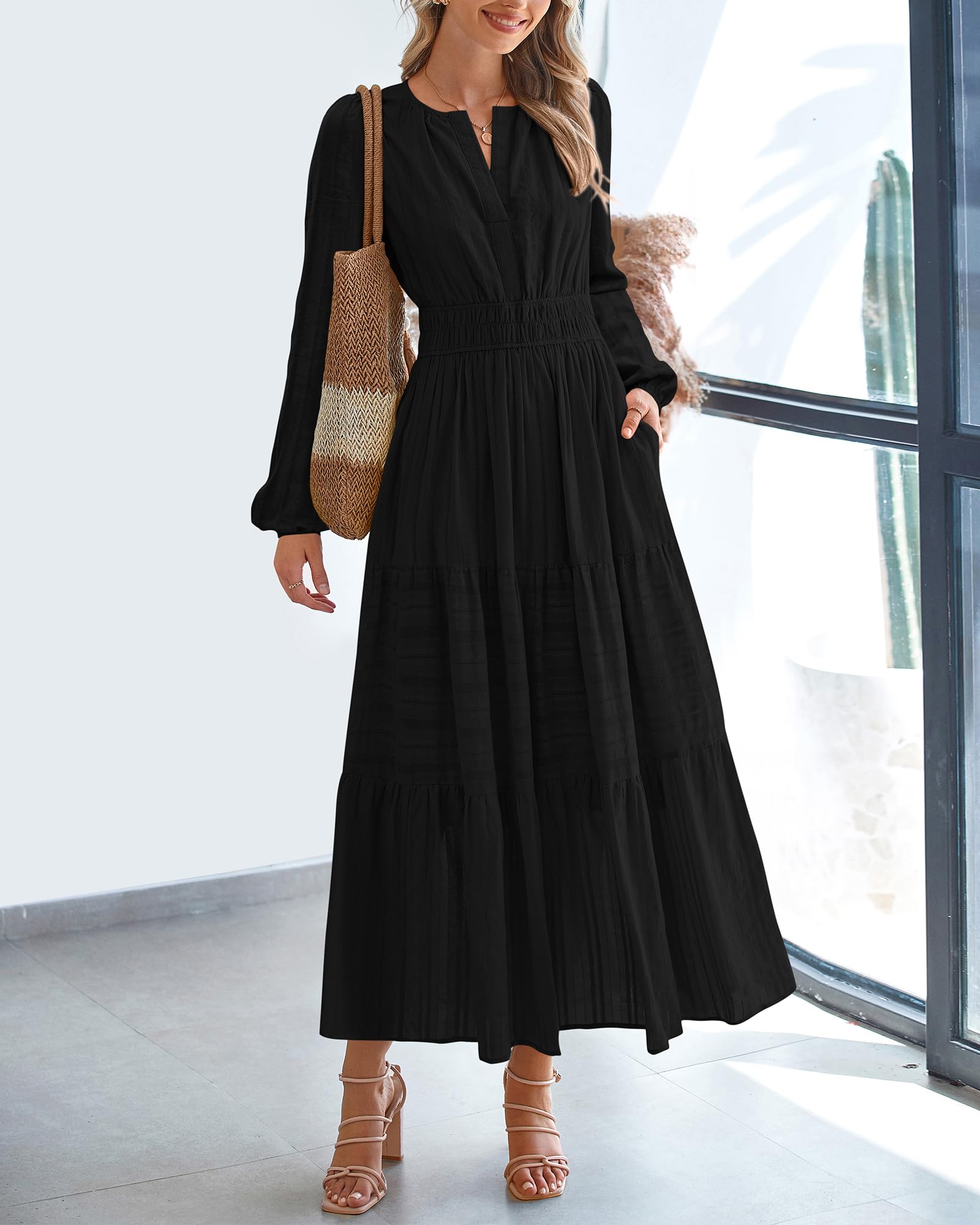 BTFBM Spring Dresses for Women 2026 Casual Long Sleeve V Neck Elastic Waist Lightweight Maxi Wedding Guest Dress Pockets