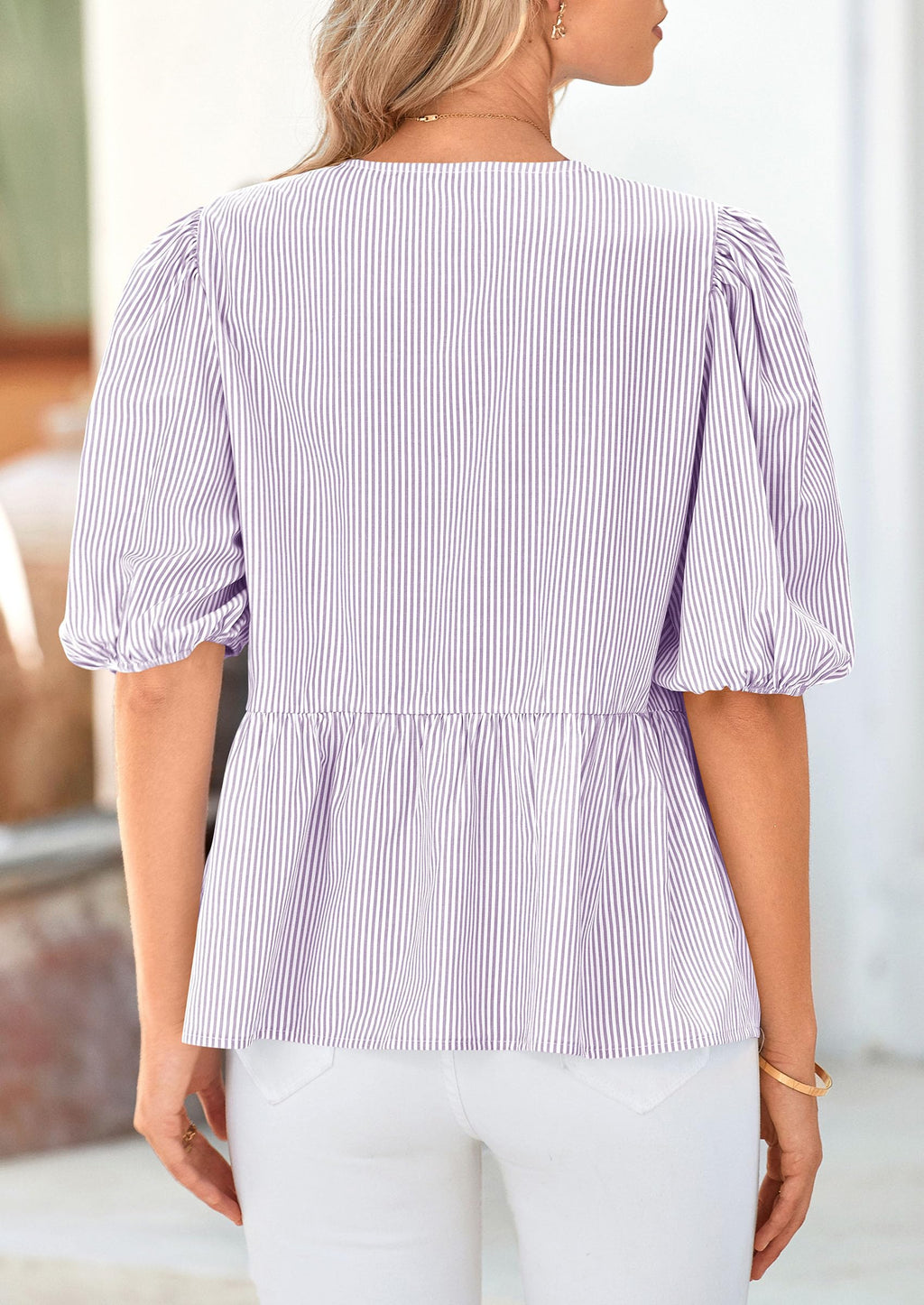 PRETTYGARDEN Women's Tie Front Striped Shirt Summer Trendy Fashion Cute Babydoll Tops Peplum Puffy Sleeve Blouse