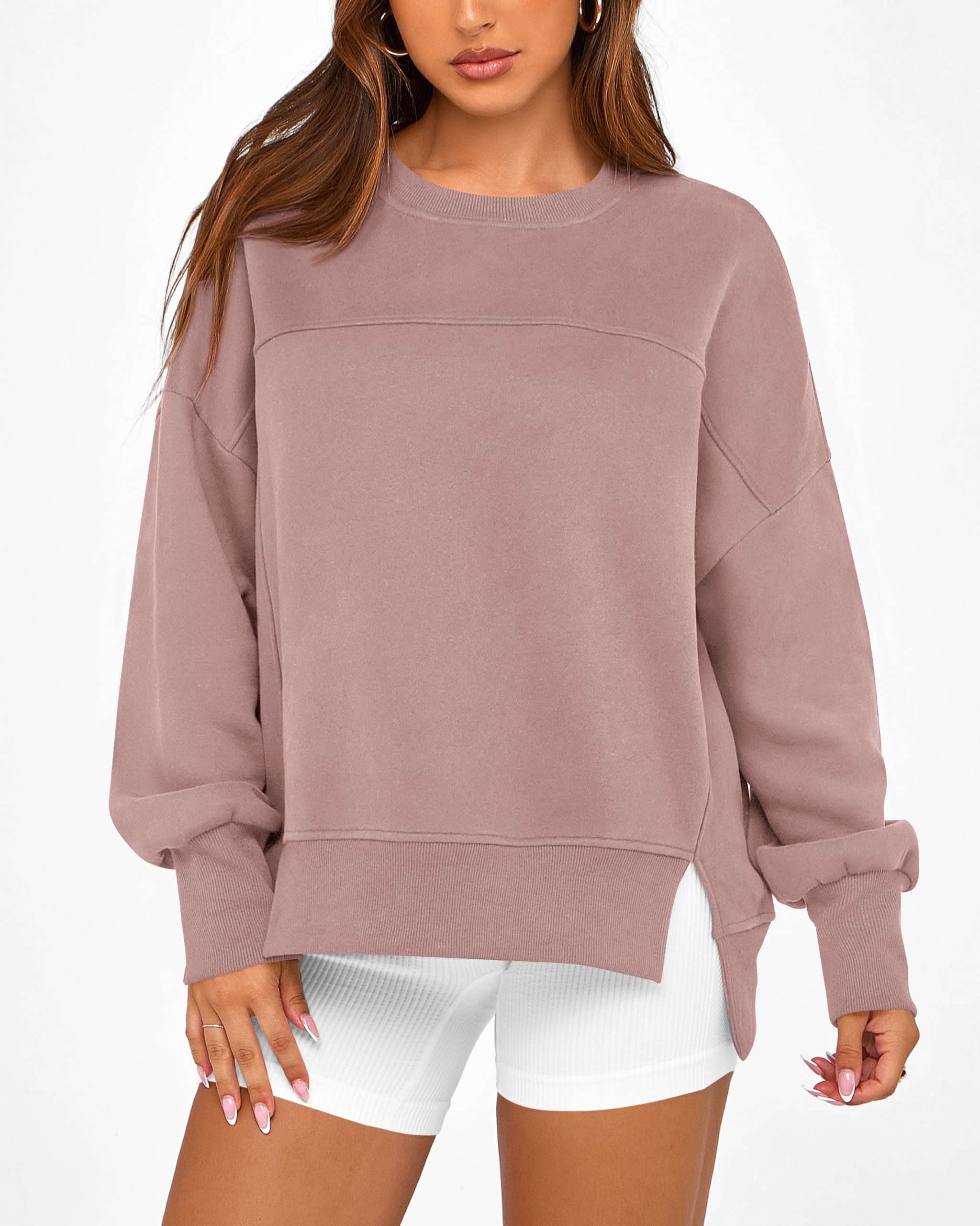 BTFBM Women's Casual Crewneck Sweatshirts Spring Long Sleeve Side Slit Workout Fleece Pullover Top Fashion Clothing
