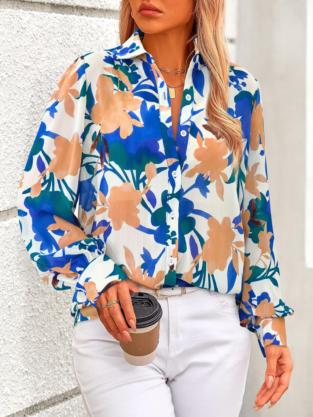 PRETTYGARDEN Women's Floral Blouses Dressy Casual V Neck Button Down Shirts Lantern Long Sleeve Boho Chiffon Spring Tops