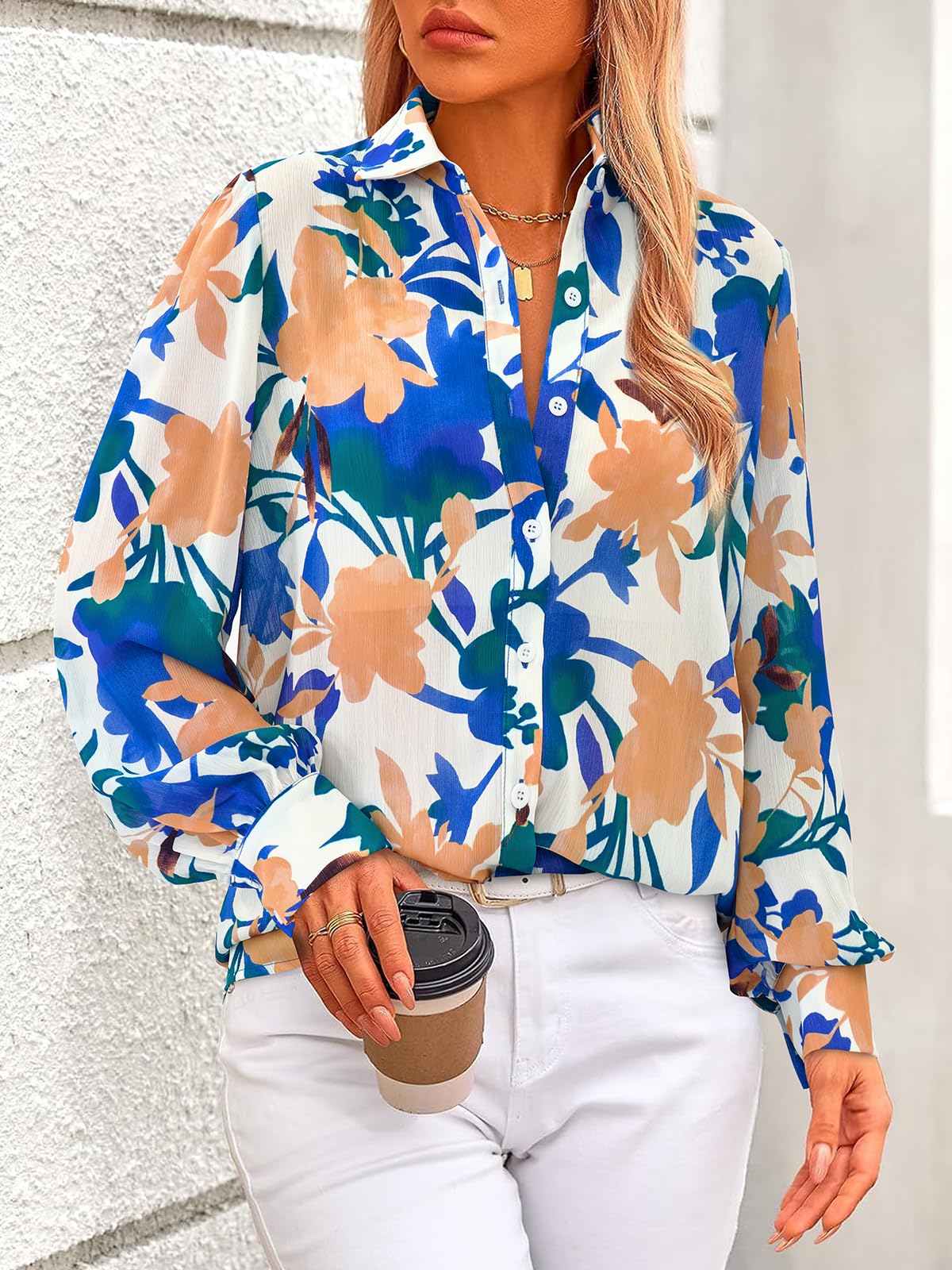 PRETTYGARDEN Women's Floral Blouses Dressy Casual V Neck Button Down Shirts Lantern Long Sleeve Boho Chiffon Spring Tops