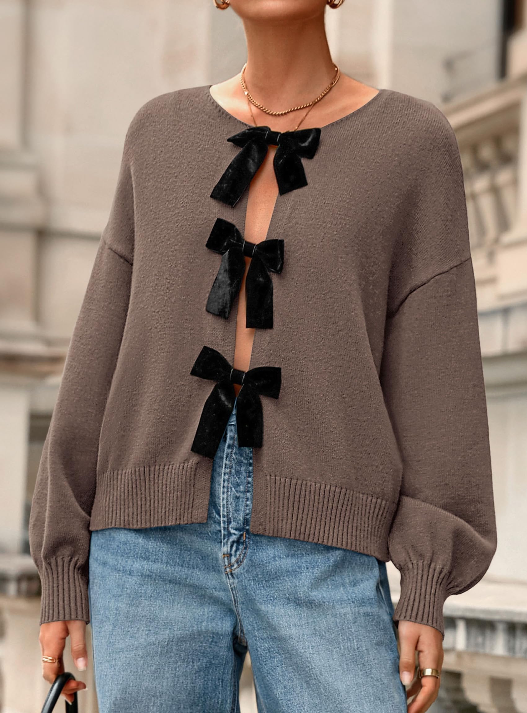 PRETTYGARDEN Cardigan Sweaters for Women Fall Fashion Bow Tie Front Long Sleeve Knit Sweater Tops Cute Winter Clothes