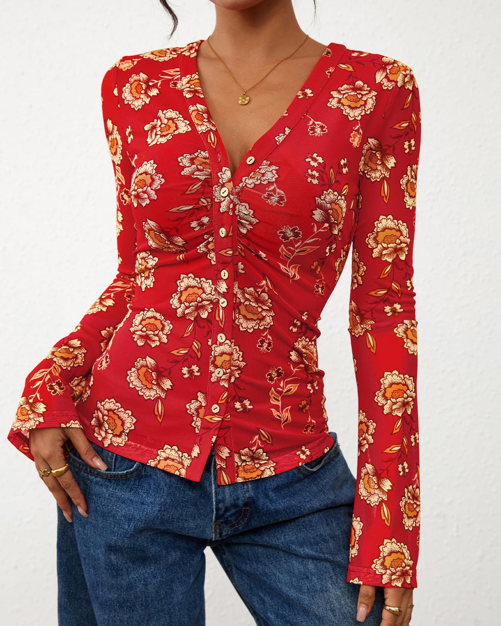 FreshPretty Button Down Shirts for Women Fall Fashion V Neck Long Sleeve Blouse Ruched Mesh Fitted Floral Print Boho Tops