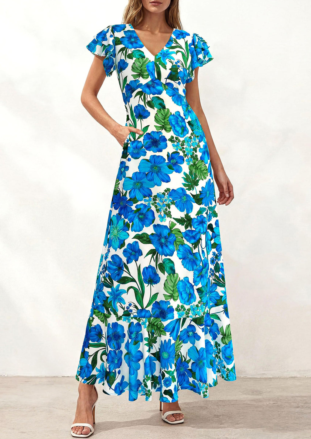 PRETTYGARDEN Womens Summer Floral Maxi Dresses Spring Short Sleeve Ruffle V Neck Flowy Boho Long Beach Vacation Sundress