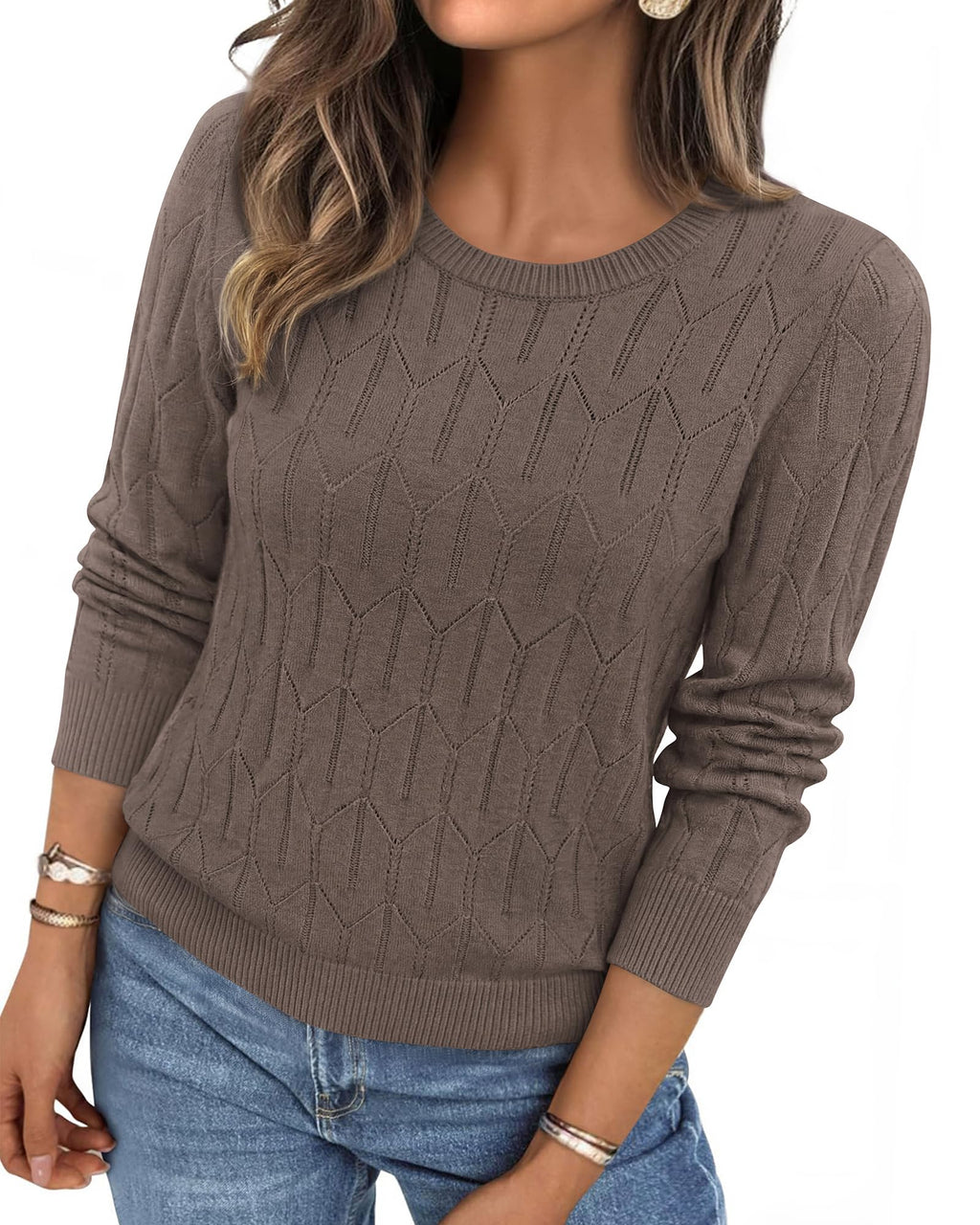 BTFBM Womens Sweaters Long Sleeve Crewneck Pullover Tops Dressy Casual Lightweight Knit Sweater,Small Hollow Out Boho Shirts, Fall Fashion,Winter Layer Basic Clothes,Business Casual Outfits