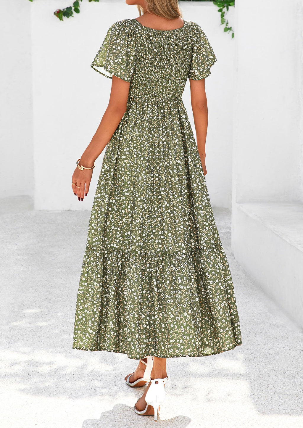 PRETTYGARDEN Boho Dresses for Women Summer Floral Short Sleeve V Neck Smocked Flowy Beach Vacation Maxi Dress
