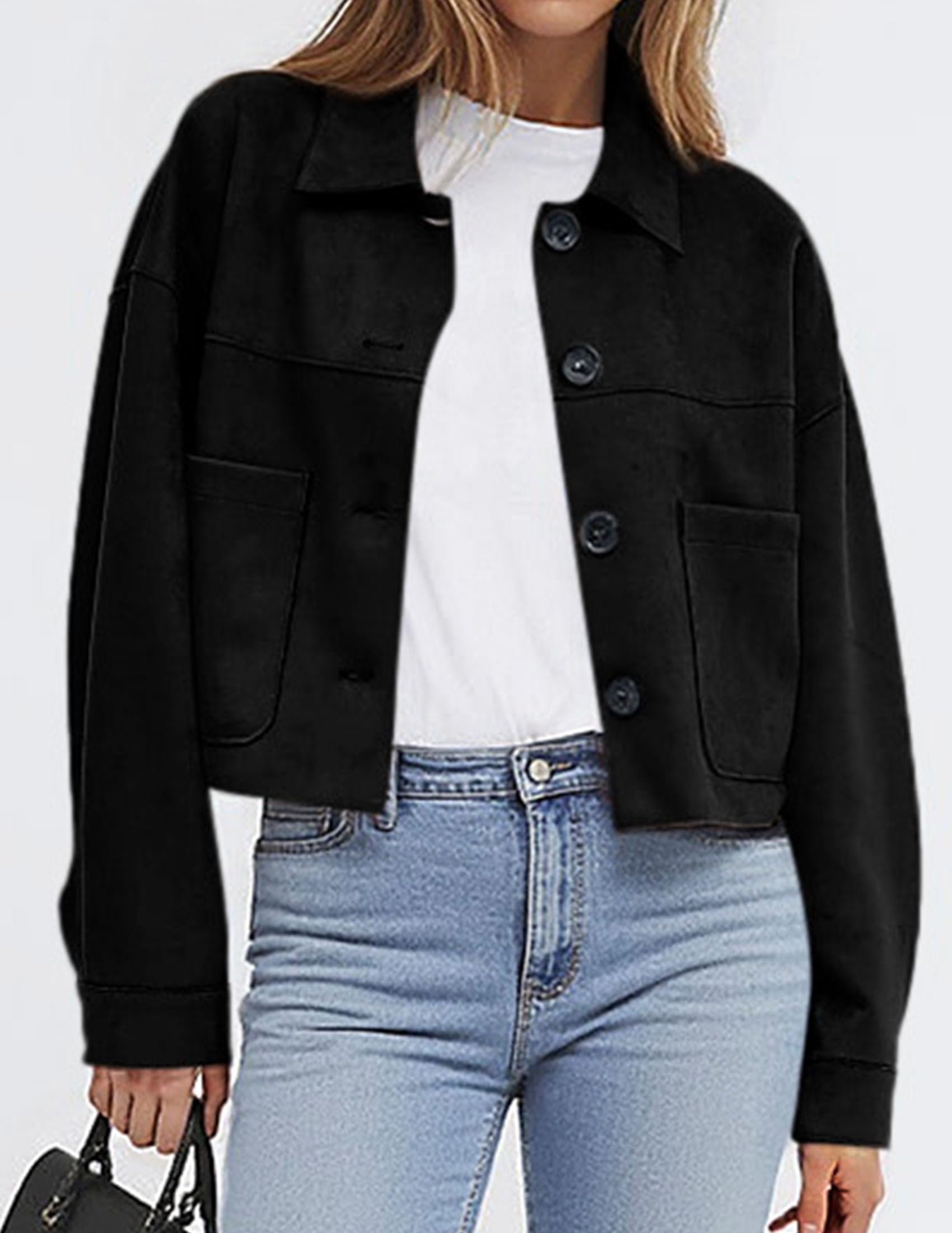 PRETTYGARDEN Women's Faux Suede Cropped Jacket Casual Lightweight Fall Fashion Winter Coats Outerwear Trendy Clothes