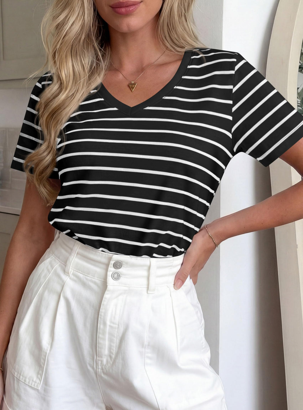 PRETTYGARDEN Short Sleeve Shirts for Women Spring V Neck Cute Tops Casual Striped Shirt Knitted Tees Summer Outfits