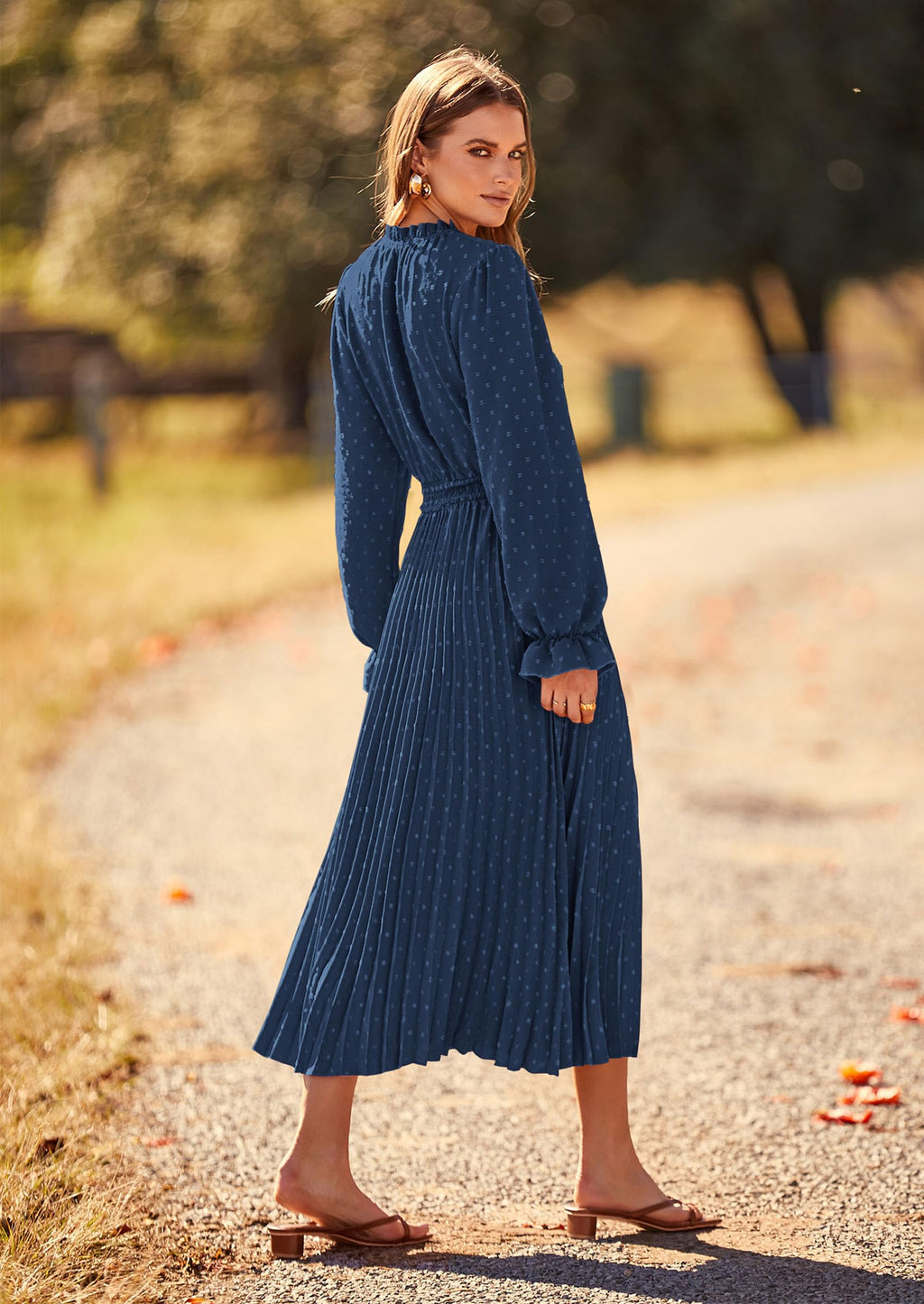 PRETTYGARDEN Women's Spring Fall Midi Dress Casual Long Sleeve V Neck Swiss Dot Pleated A Line Flowy Dresses