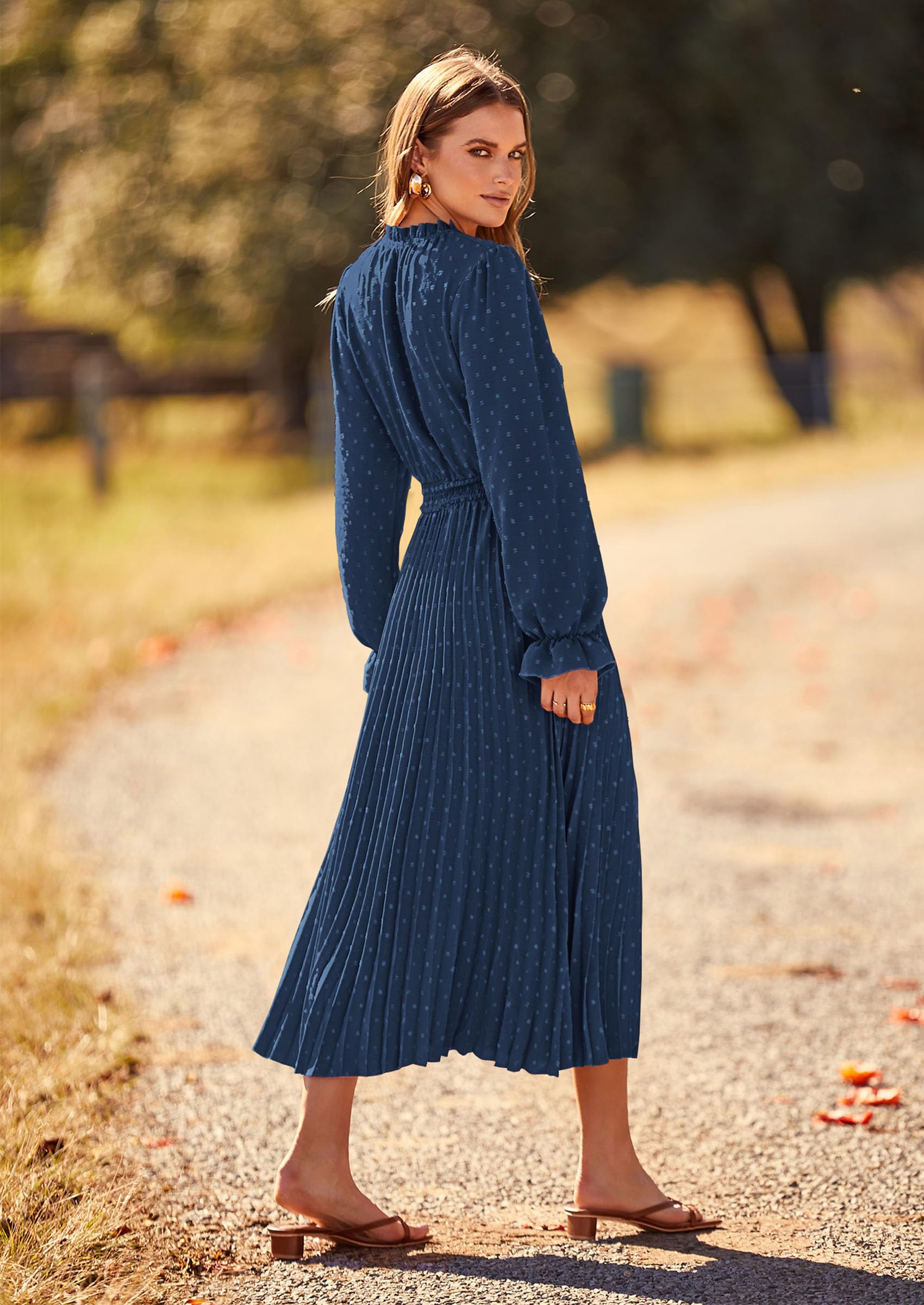 PRETTYGARDEN Women's Spring Fall Midi Dress Casual Long Sleeve V Neck Swiss Dot Pleated A Line Flowy Dresses