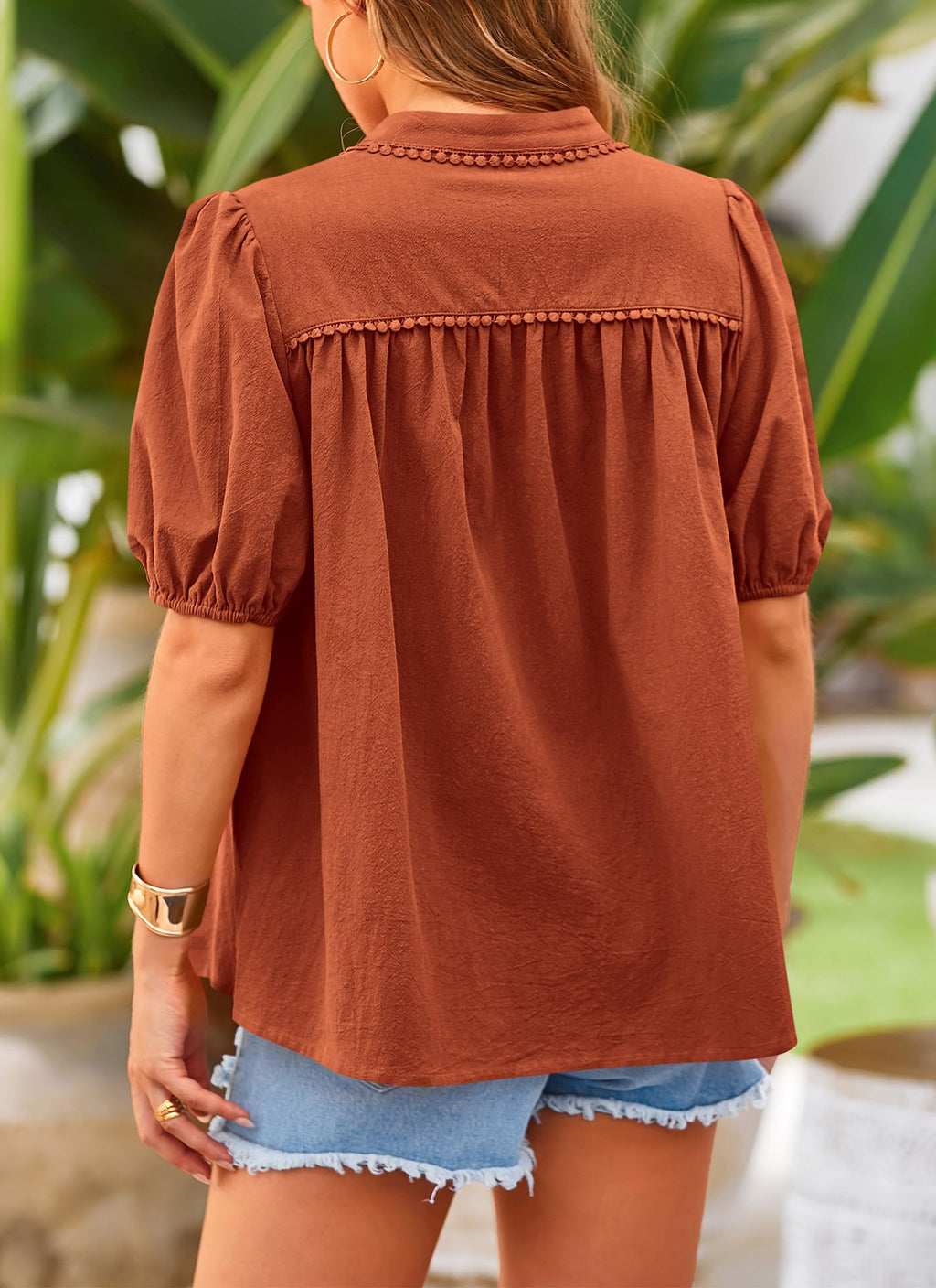 PRETTYGARDEN Women's Summer Button Down Shirts Short Lantern Sleeve V Neck Cotton Cute Dressy Casual Ladies Tops Blouses