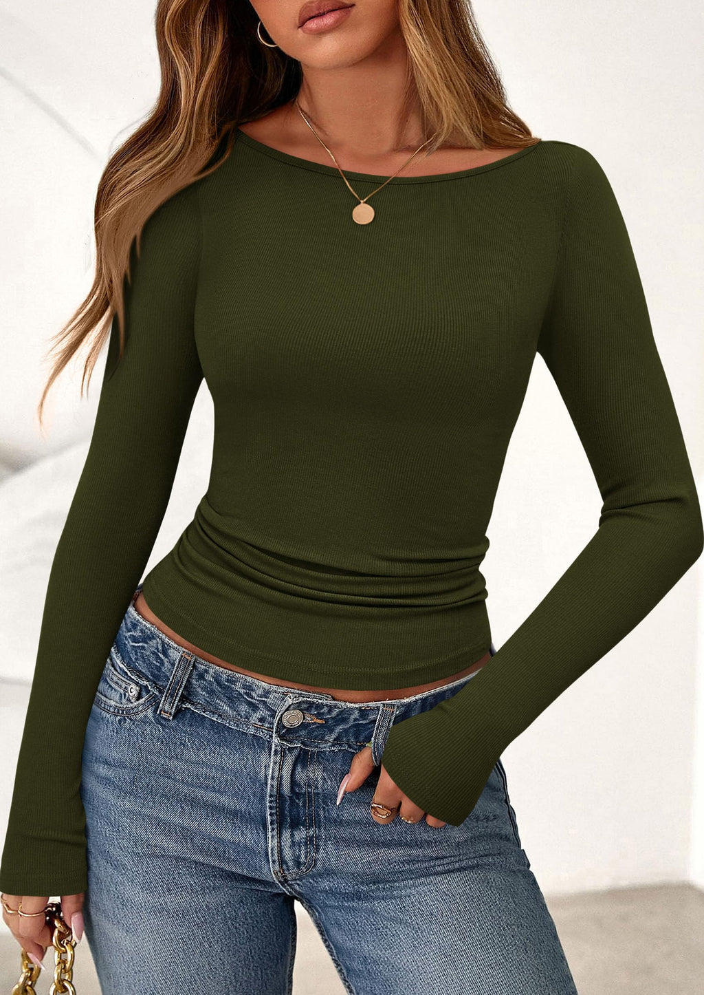 PRETTYGARDEN Long Sleeve Shirts for Women Fall Boat Neck Ribbed Knit Ruched Fitted Going Out Tops Casual Basic Tees