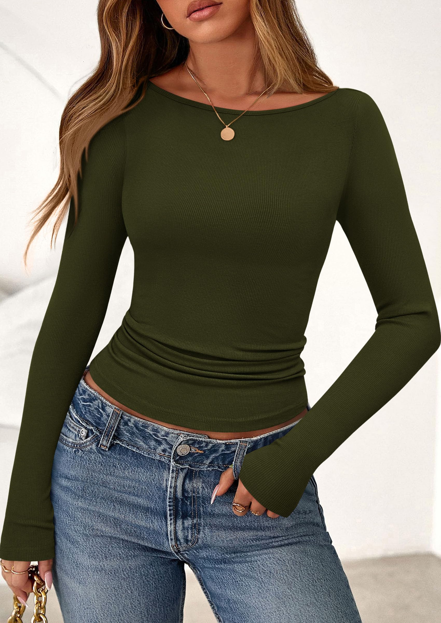 PRETTYGARDEN Long Sleeve Shirts for Women Fall Boat Neck Ribbed Knit Ruched Fitted Going Out Tops Casual Basic Tees