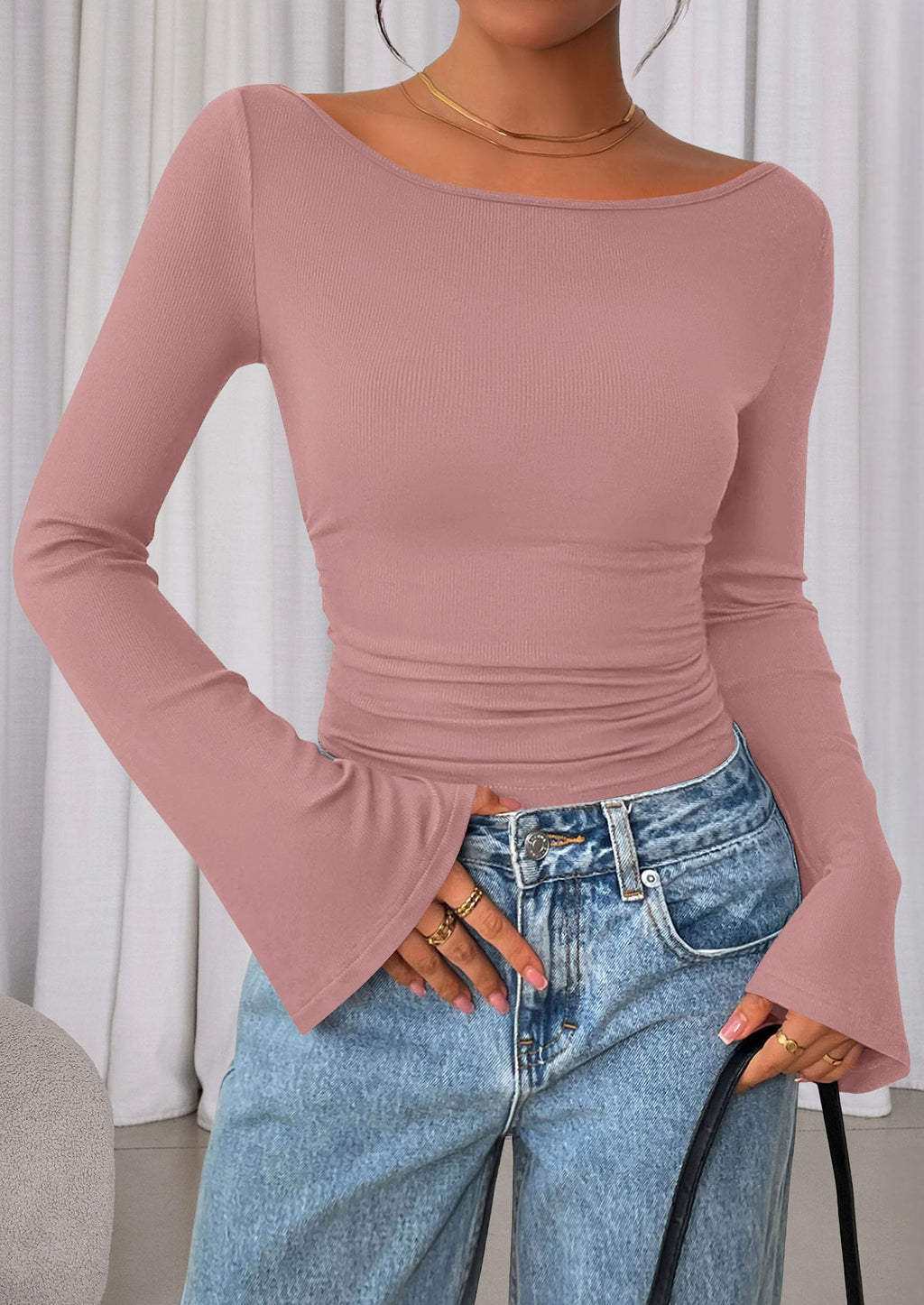 PRETTYGARDEN Women's Long Sleeve Shirts Fall Crop Going Out Tops Casual Boat Neck Bell Sleeve Ribbed Ruched Y2K Clothes