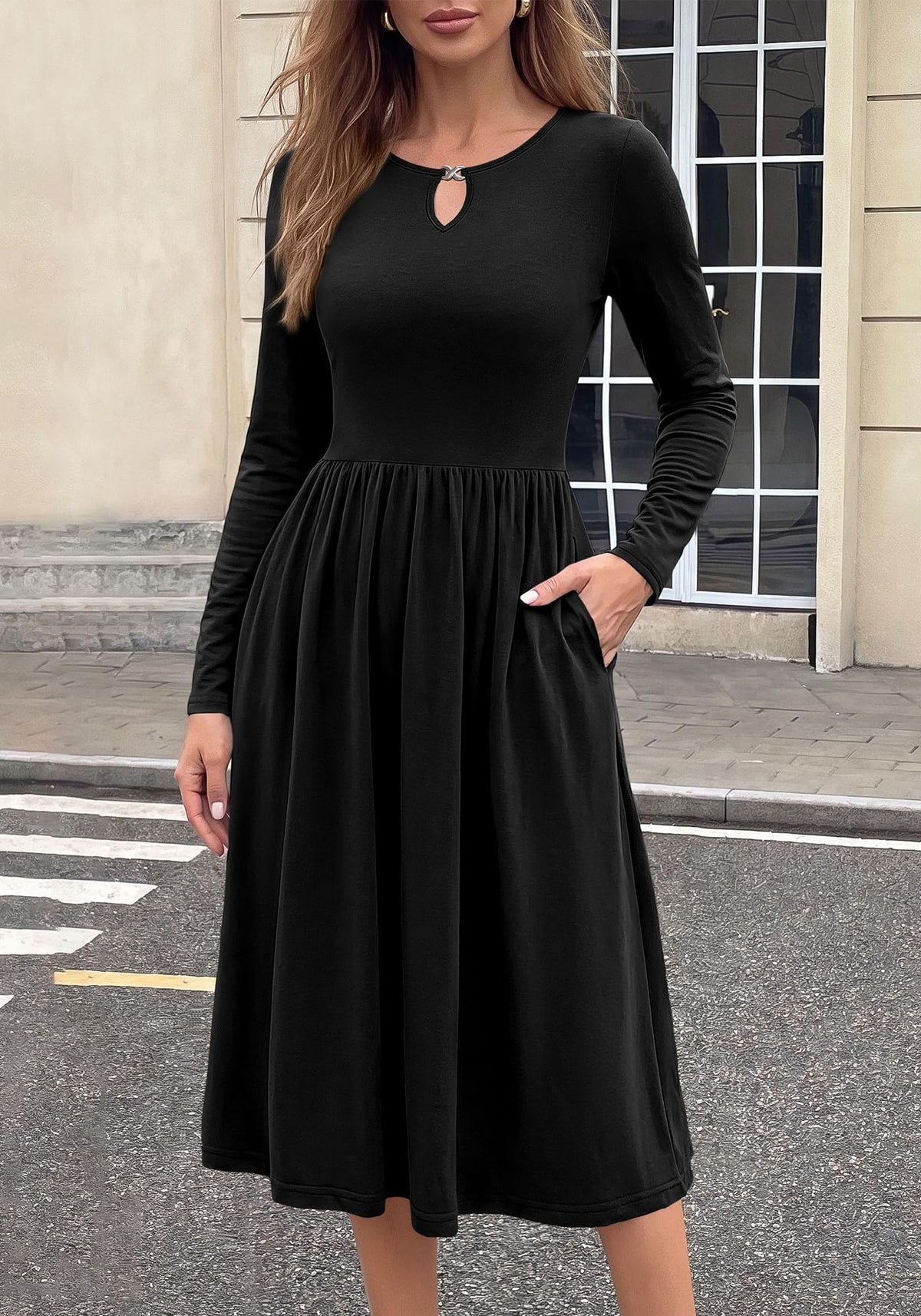 FreshPretty Fall Dresses for Women Midi Empire Waist Long Sleeve Dress,Lightweight Soft Knit,Flowy A Line Keyhole Crewneck Pleated Business Casual Teacher Outfits,Dressy Wedding Daily With Pockets