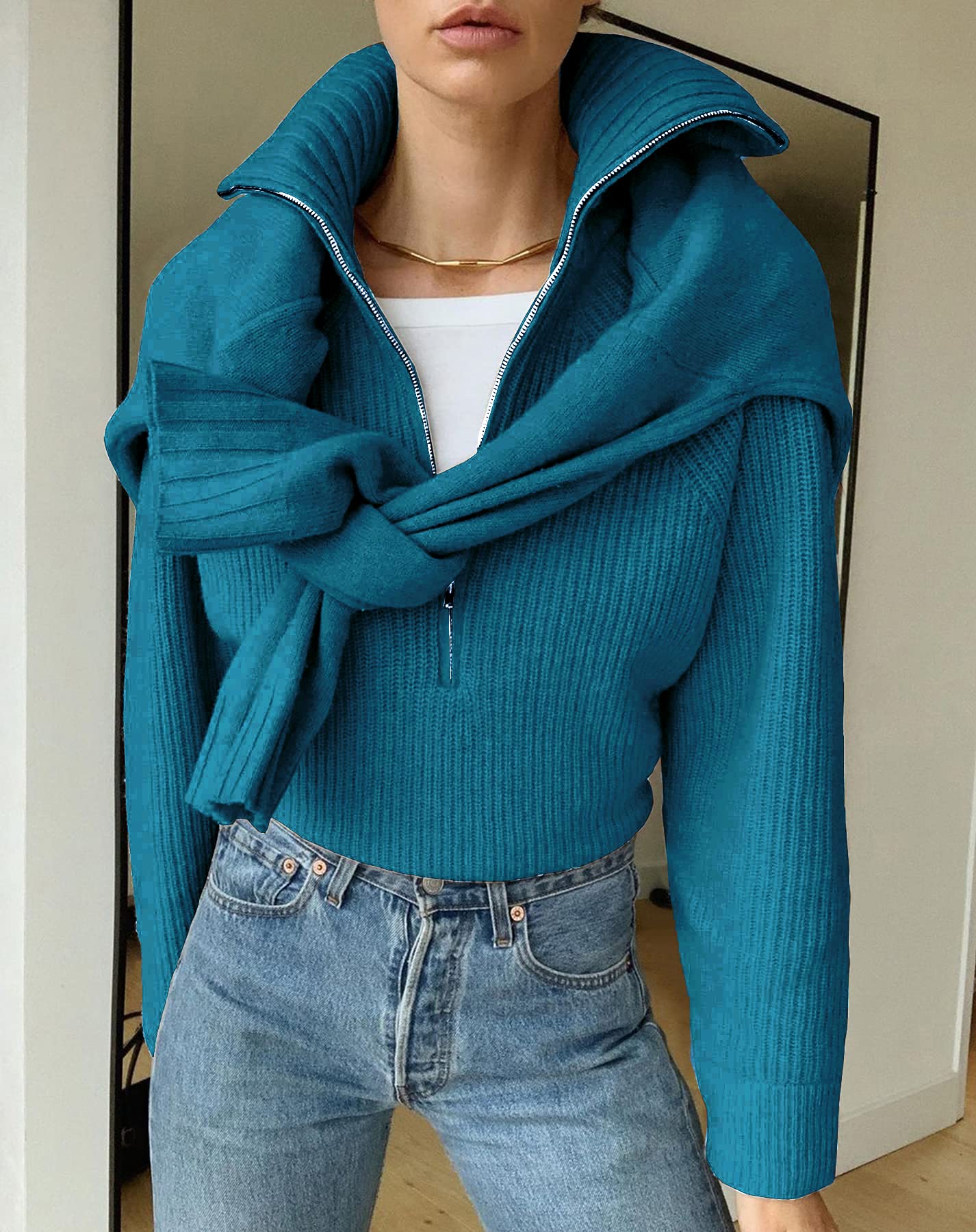 BTFBM Womens Sweaters Quarter Zip Pullover V Neck Collar Long Sleeve Ribbed Knit Loose Casual Winter Fall Sweater