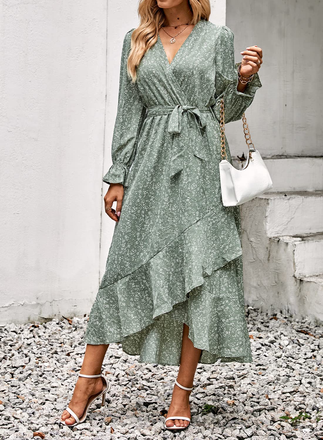 BTFBM Womens Dresses Summer V Neck Floral High Waist Ruffle Wedding Guest Cocktail Boho Spring Long Sleeve Dress