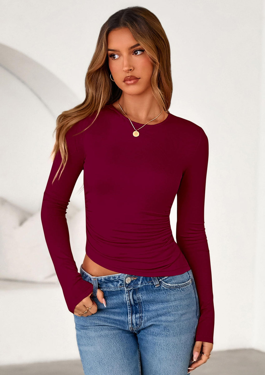 PRETTYGARDEN Womens Long Sleeve Shirts Fall Trendy Crewneck Slim Fit Asymmetrical Going Out Tops Ruched Tee Y2k Clothes