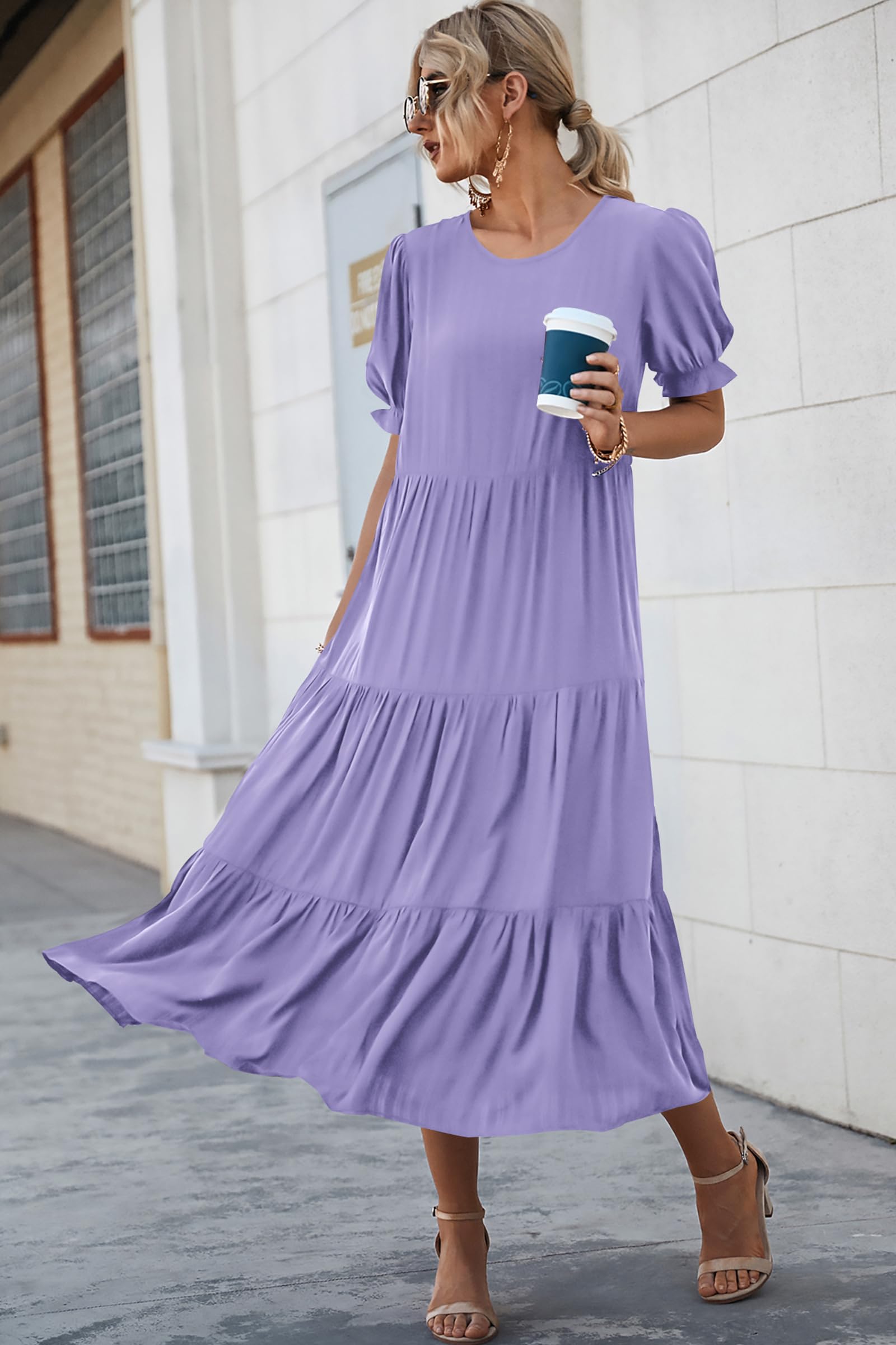 PRETTYGARDEN Summer Dresses for Women Casual Floral Boho Midi Sun Dress Puff Short Sleeve Flowy Beach Vacation Sundress