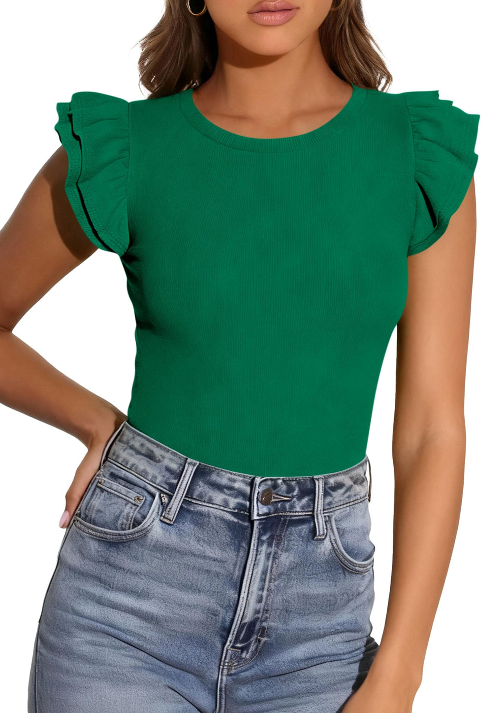 PRETTYGARDEN Womens Summer Crew Neck T Shirts Trendy Ruffle Sleeve Slim Fit Knit Going Out Tops Casual Spring Clothes