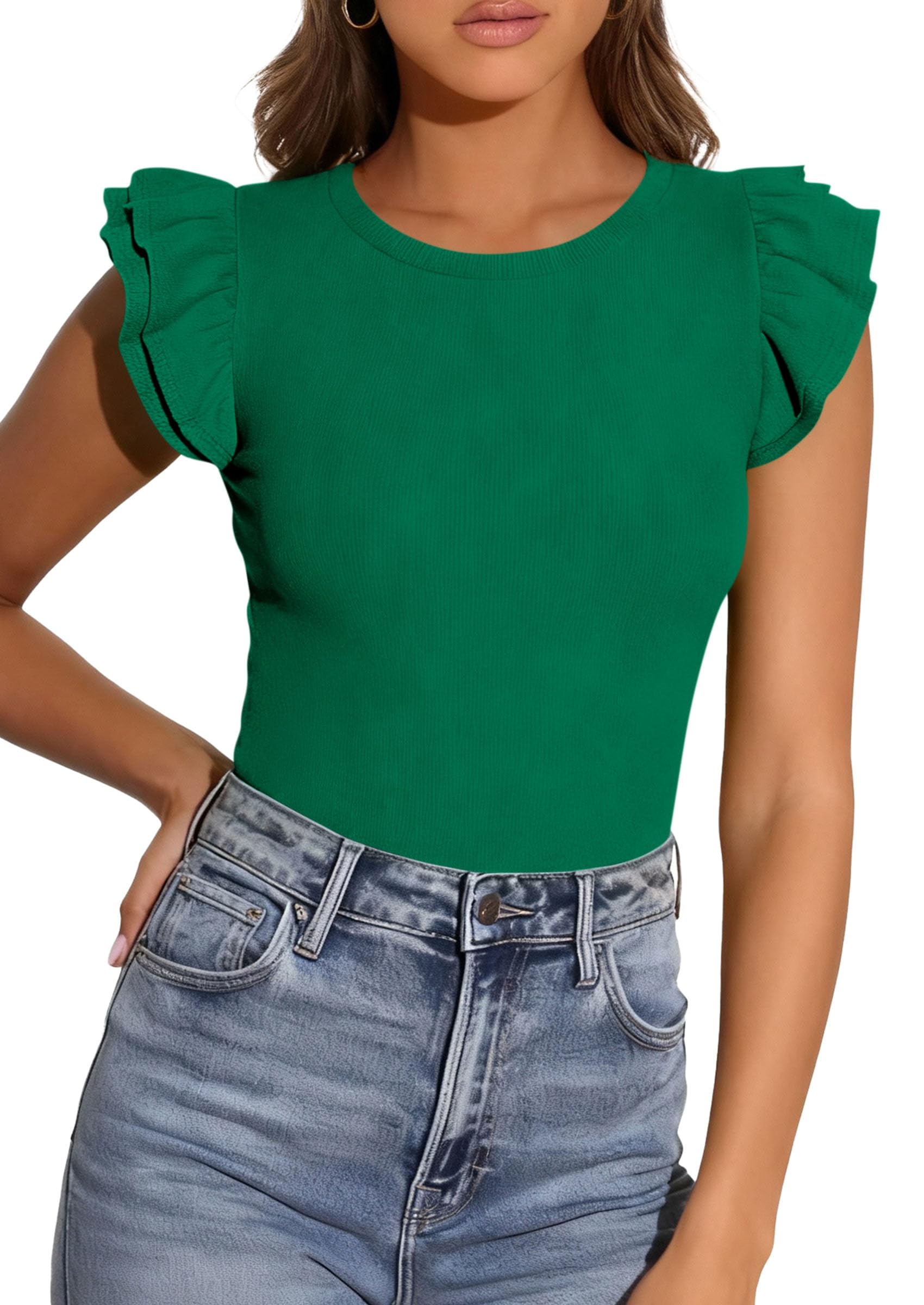 PRETTYGARDEN Womens Summer Crew Neck T Shirts Trendy Ruffle Sleeve Slim Fit Knit Going Out Tops Casual Spring Clothes