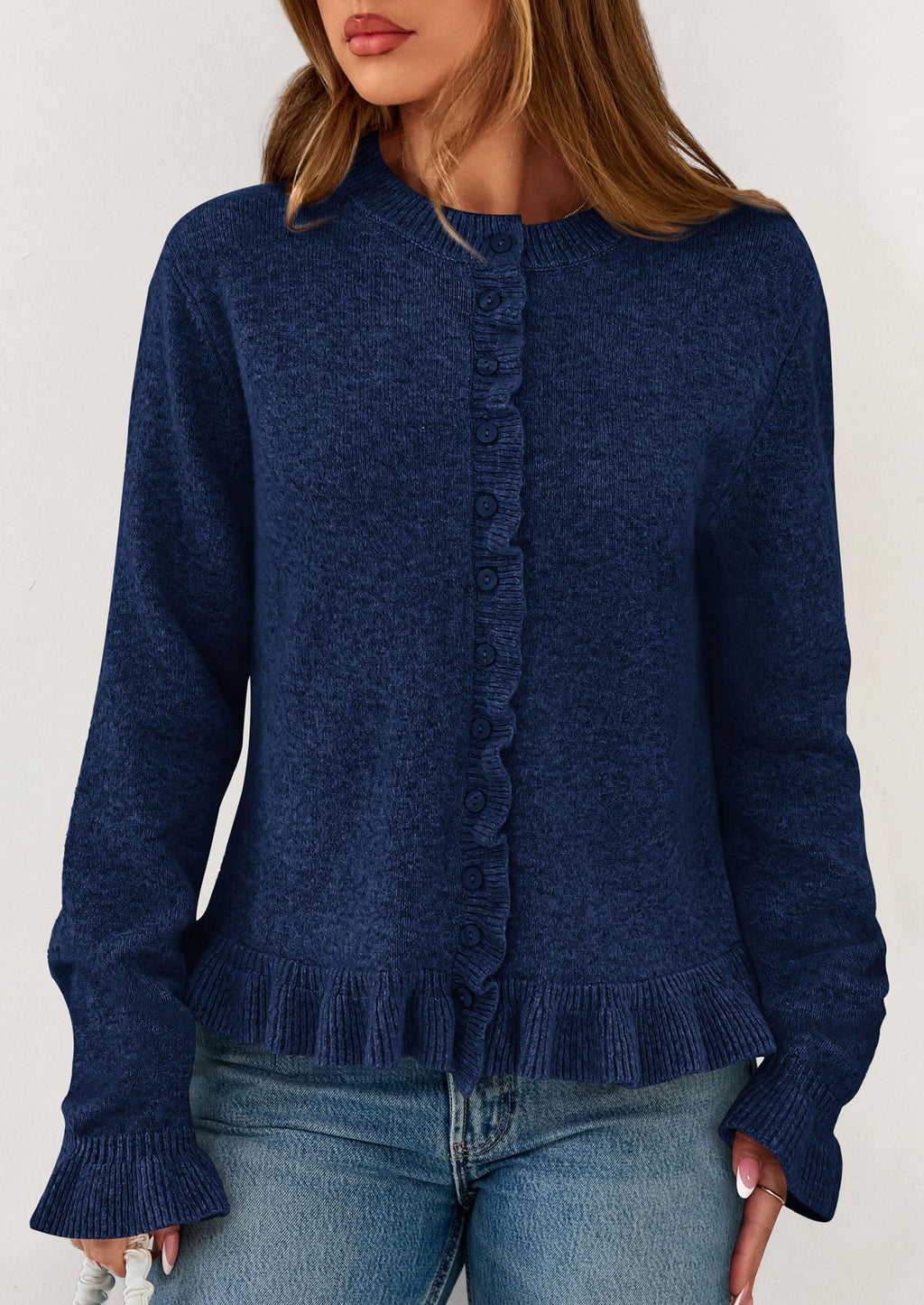 PRETTYGARDEN Womens Fall Button Down Cardigans Chunky Knit Ruffle Open Front Cropped Cardigan Sweaters Soft Long Sleeve Tops