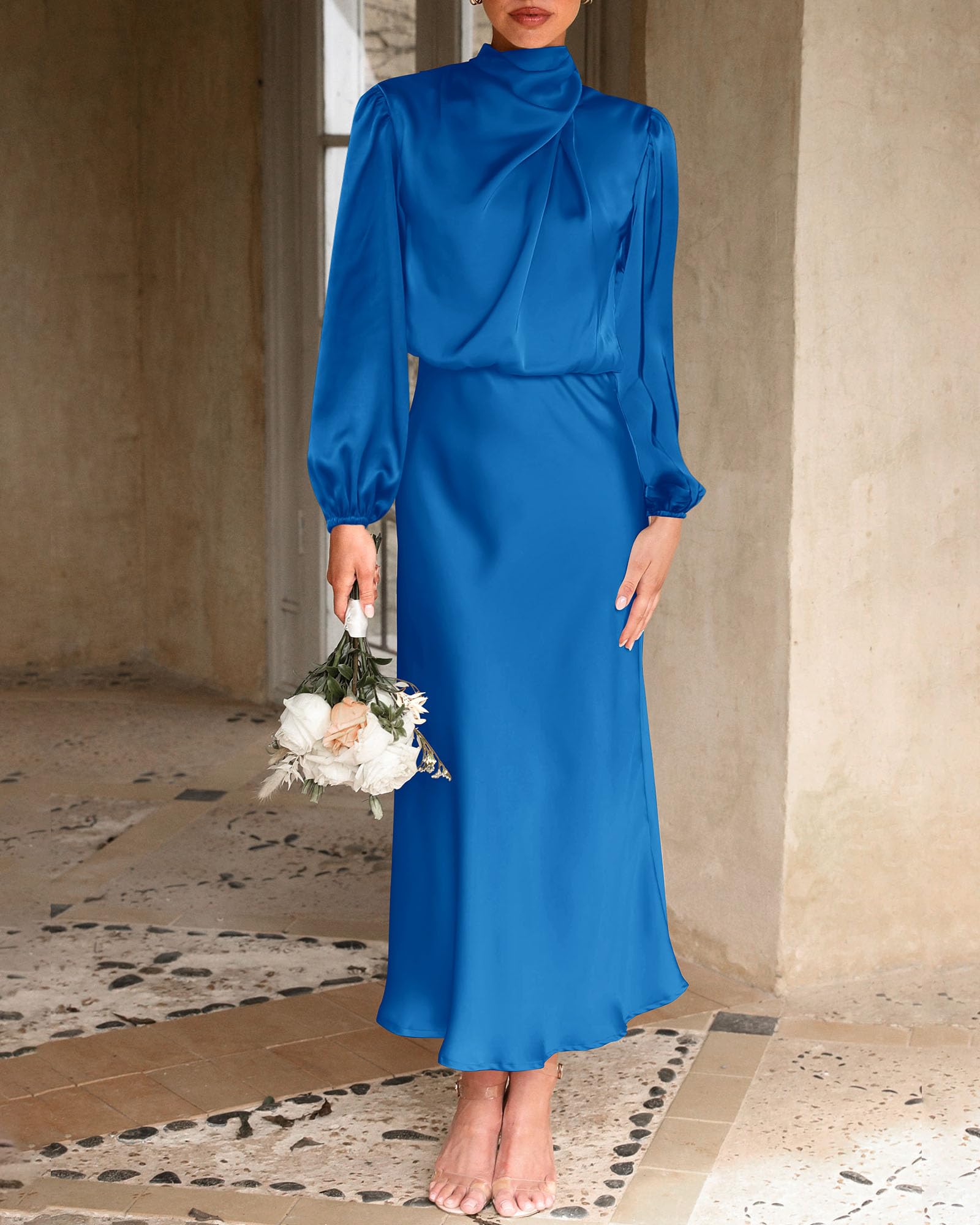 BTFBM Womens Mock Neck Satin Dress Spring Summer Long Sleeve Lightweight Formal Wedding Party Maxi Cocktail Dresses