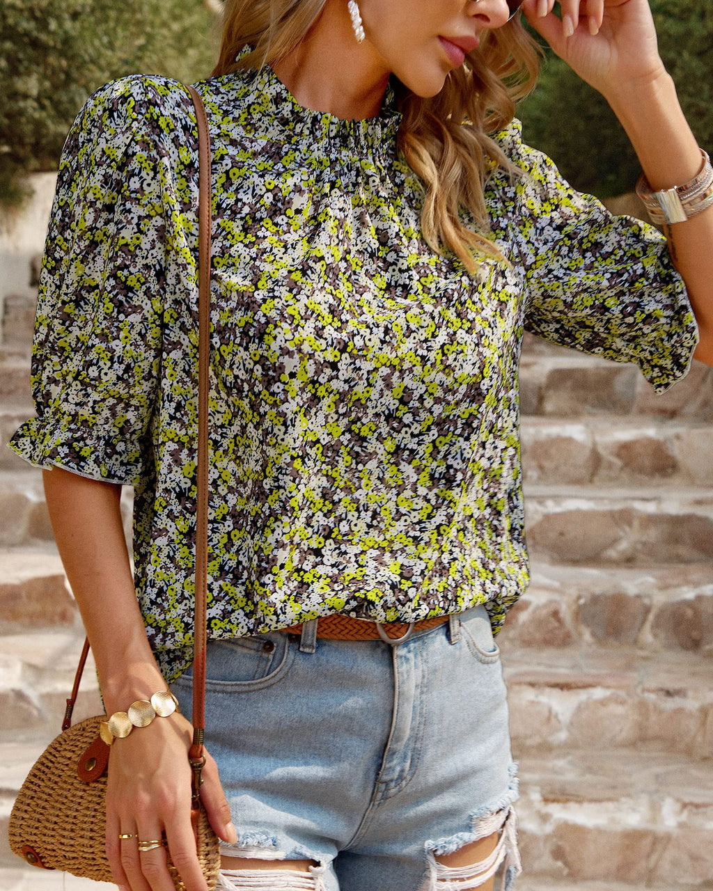 FreshPretty Women's Dressy Casual Blouses Business Work Tops Lace Trim Short Sleeve Office Shirts Summer Spring Outfits