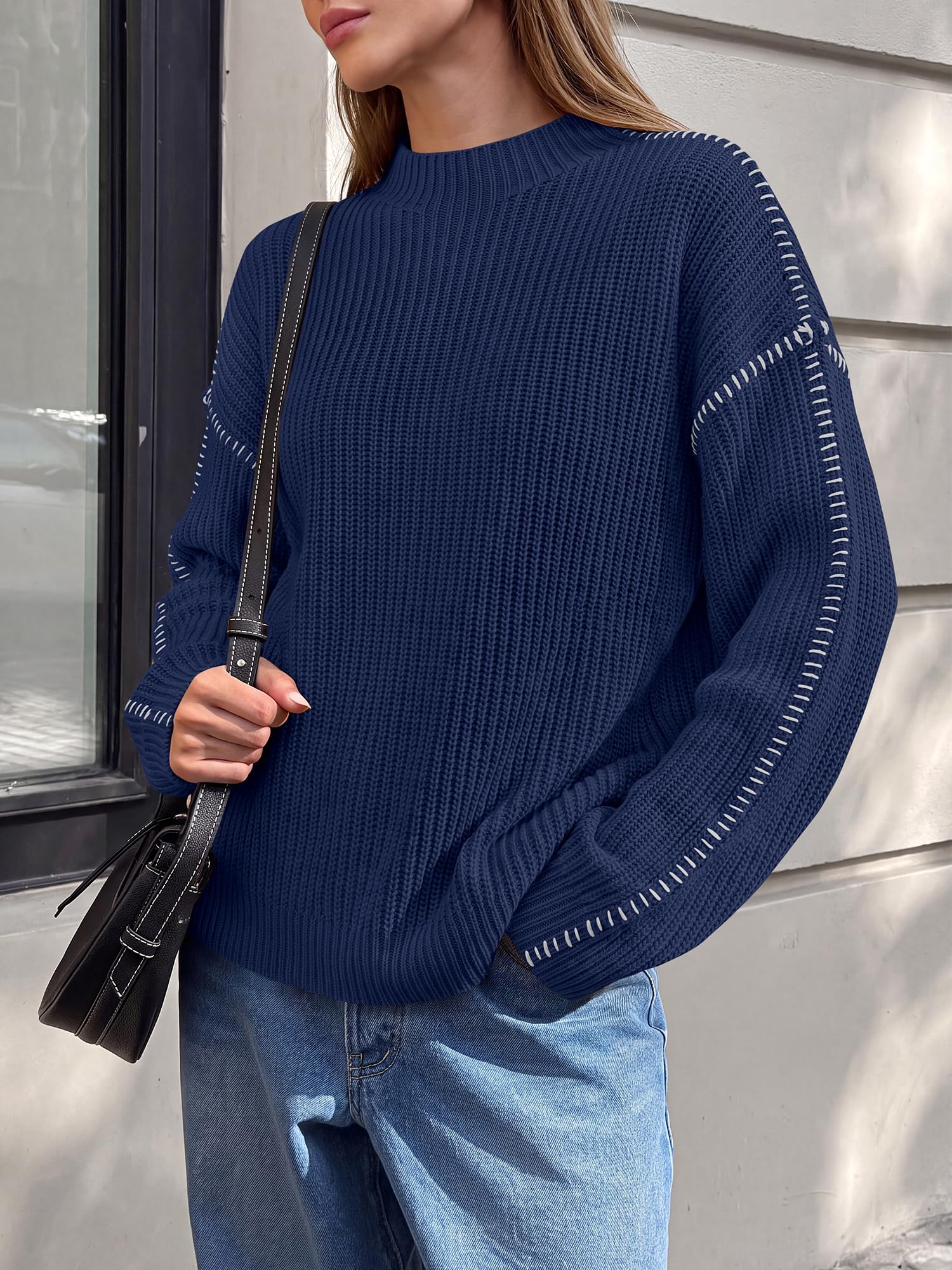 "BTFBM Womens Oversized Sweaters Contrast Chunky Knit Sweater Loose Fit Mock Neck Long Sleeve Tops, Soft Cozy Knitwear, Fall Fashion 2026, Casual Winter Clothing, Daily Going Out Outfits"