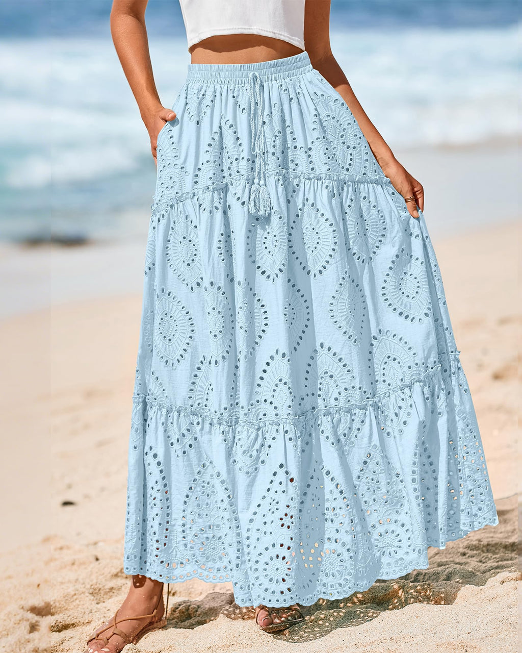 BTFBM Long Skirts for Women Summer Boho Lace Embroidery High Waist Flowy Tiered Spring Maxi Skirt Beach Vacation