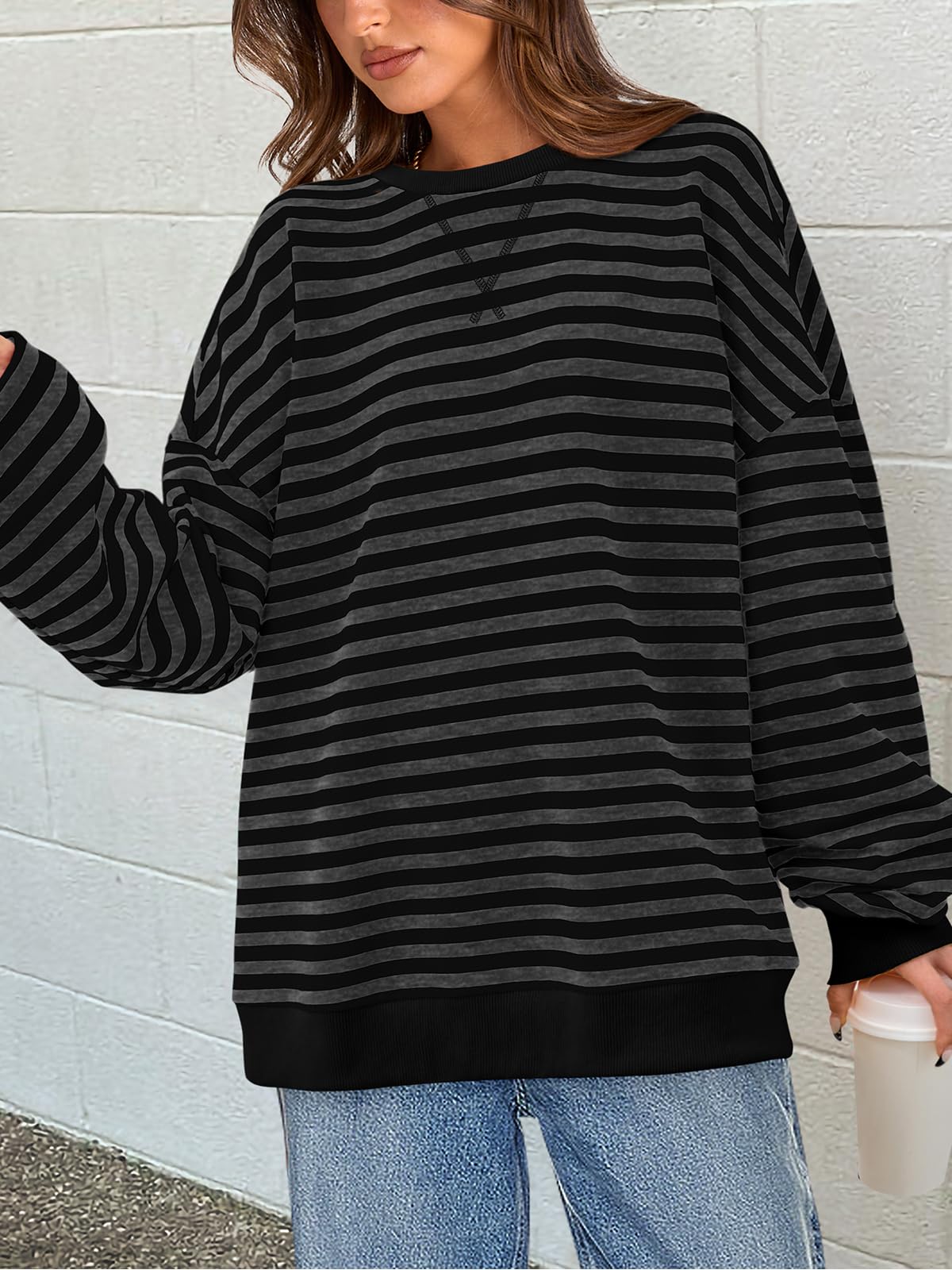 PRETTYGARDEN Womens Striped Oversized Sweatshirt Color Block Crew Neck Long Sleeve Casual Loose Pullover Top Y2K Clothes
