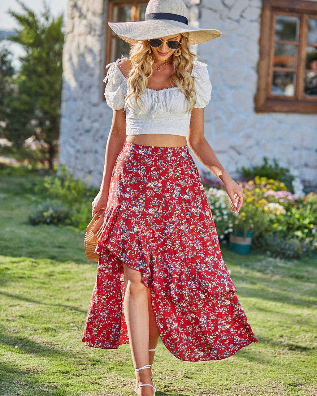 BTFBM Women Spring Summer Long Skirts Dress Boho Floral Elastic Waist Split Ruffle High Low Beach Maxi Skirt Clothes