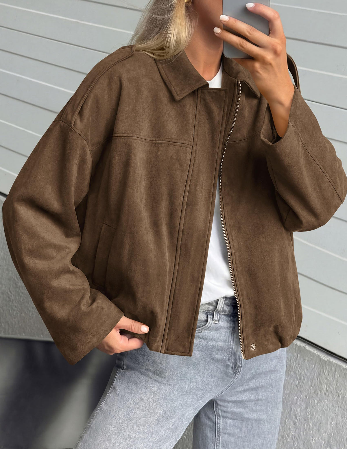 PRETTYGARDEN Women's Faux Suede Cropped Bomber Jacket | Long Sleeve Zip Up Casual Going Out Jackets Coat, Oversized Loose Fit Western Outfits, Trendy Outerwear, Fall Clothes