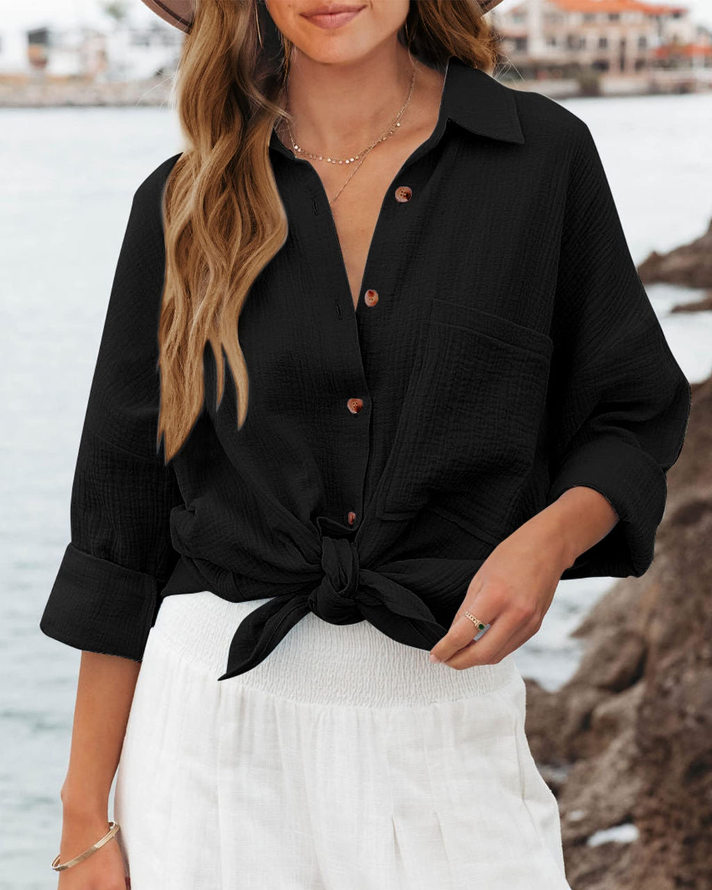 FreshPretty Casual Shirts for Women Long Sleeve Button Down Blouses Fall Solid Color Trendy Tops with Pocket