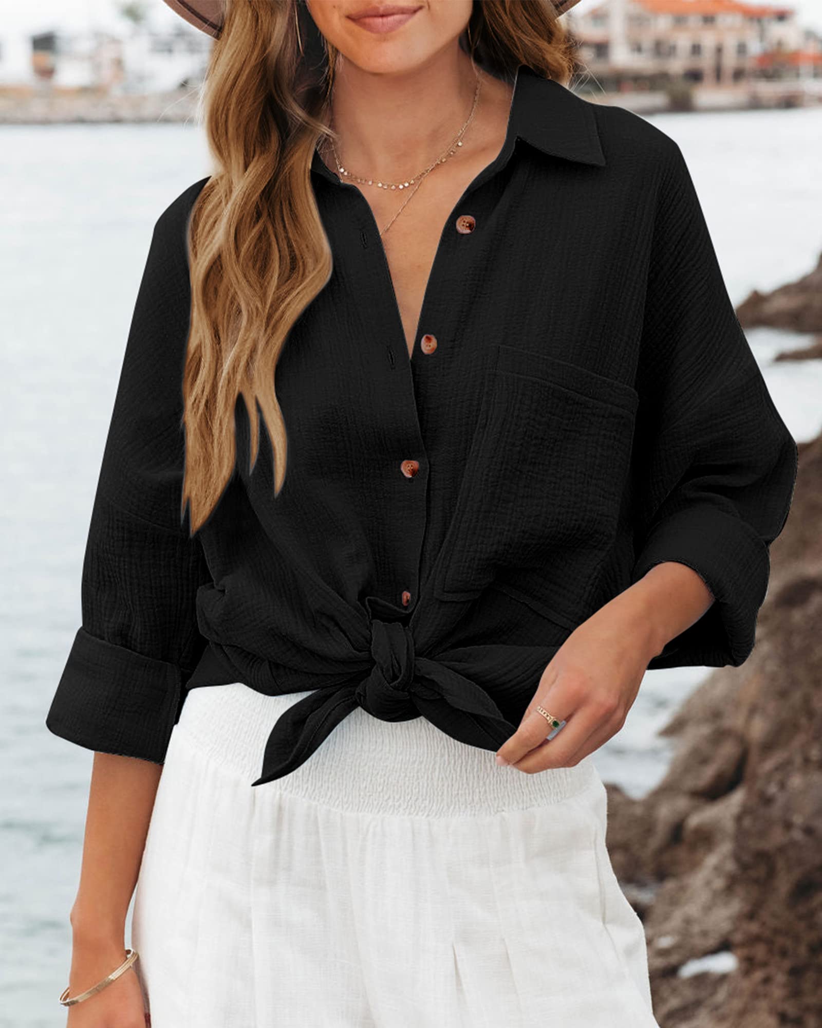 FreshPretty Casual Shirts for Women Long Sleeve Button Down Blouses Fall Solid Color Trendy Tops with Pocket