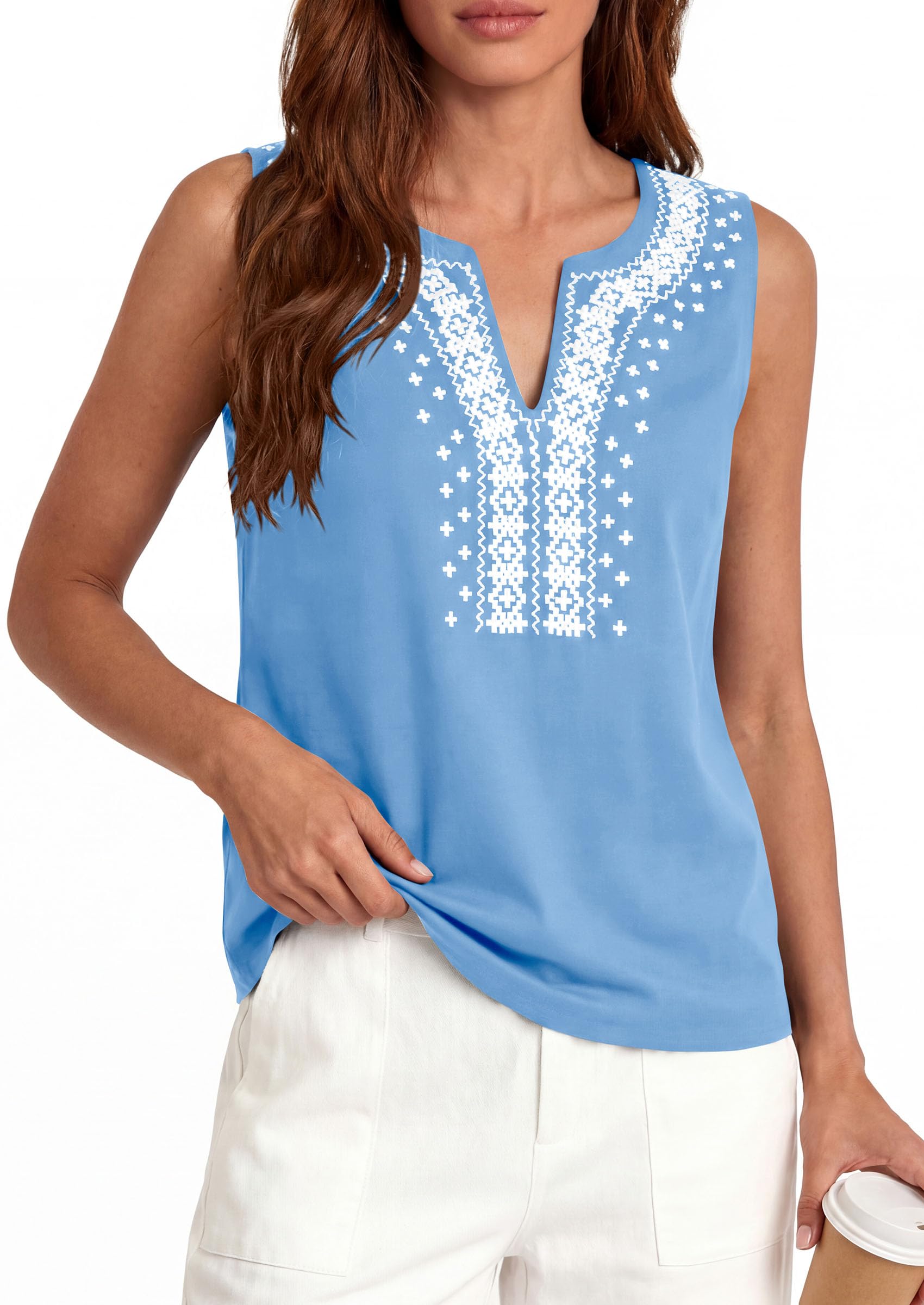 PRETTYGARDEN Womens Tank Tops Summer Causal V Neck Sleeveless Shirts Floral Print Embroidered Beach Vacation Boho Top