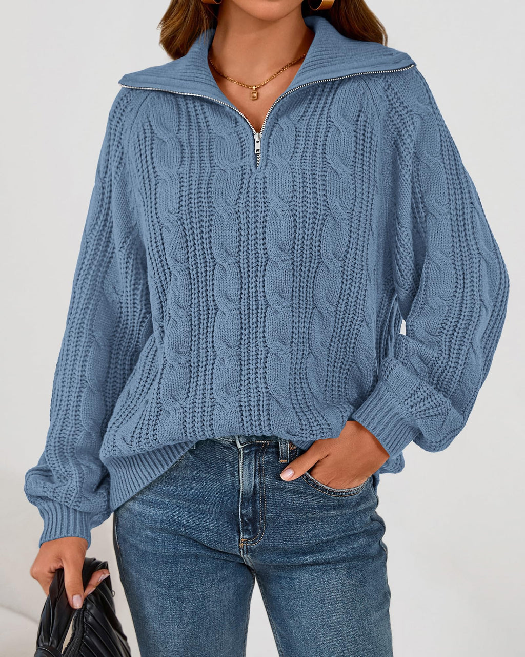 BTFBM Sweaters for Women Fall Fashion Loose Quarter Zip Pullover Collared Long Sleeve Cable Knit Winter Clothes